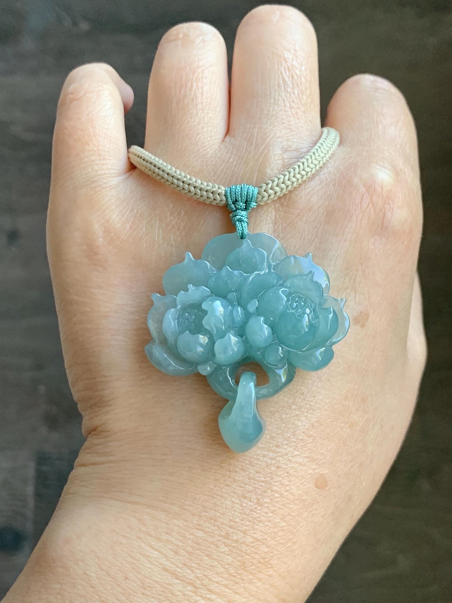 Natural Grade A Guatemalan Icy Translucent Teal Jade Jadeite Carved Double Lotus Flower Pendant Rope Necklace 25” 22g 天然冰危浅蓝翡翠双莲花吊坠 WSLH165
