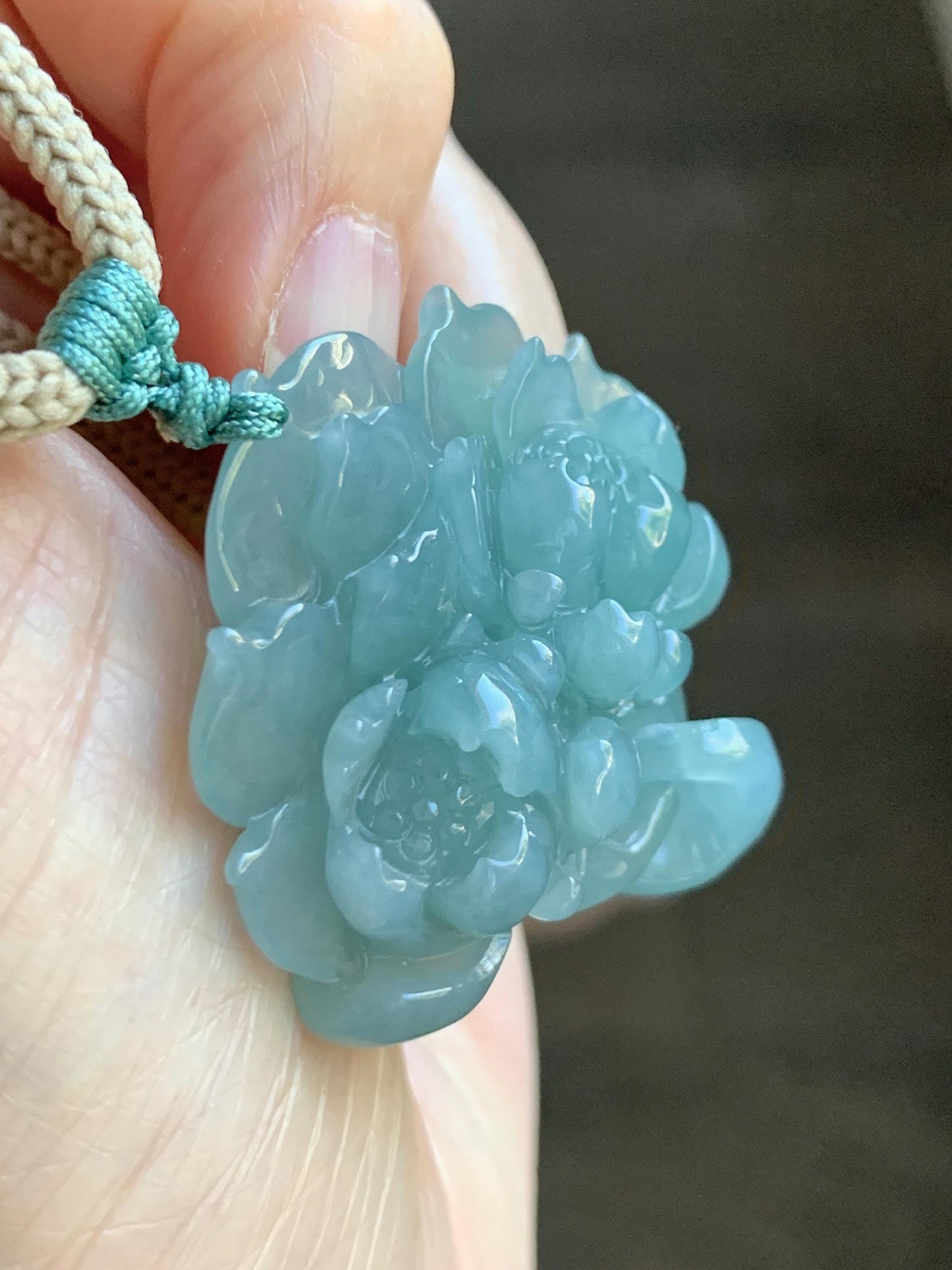 Natural Grade A Guatemalan Icy Translucent Teal Jade Jadeite Carved Double Lotus Flower Pendant Rope Necklace 25” 22g 天然冰危浅蓝翡翠双莲花吊坠 WSLH165