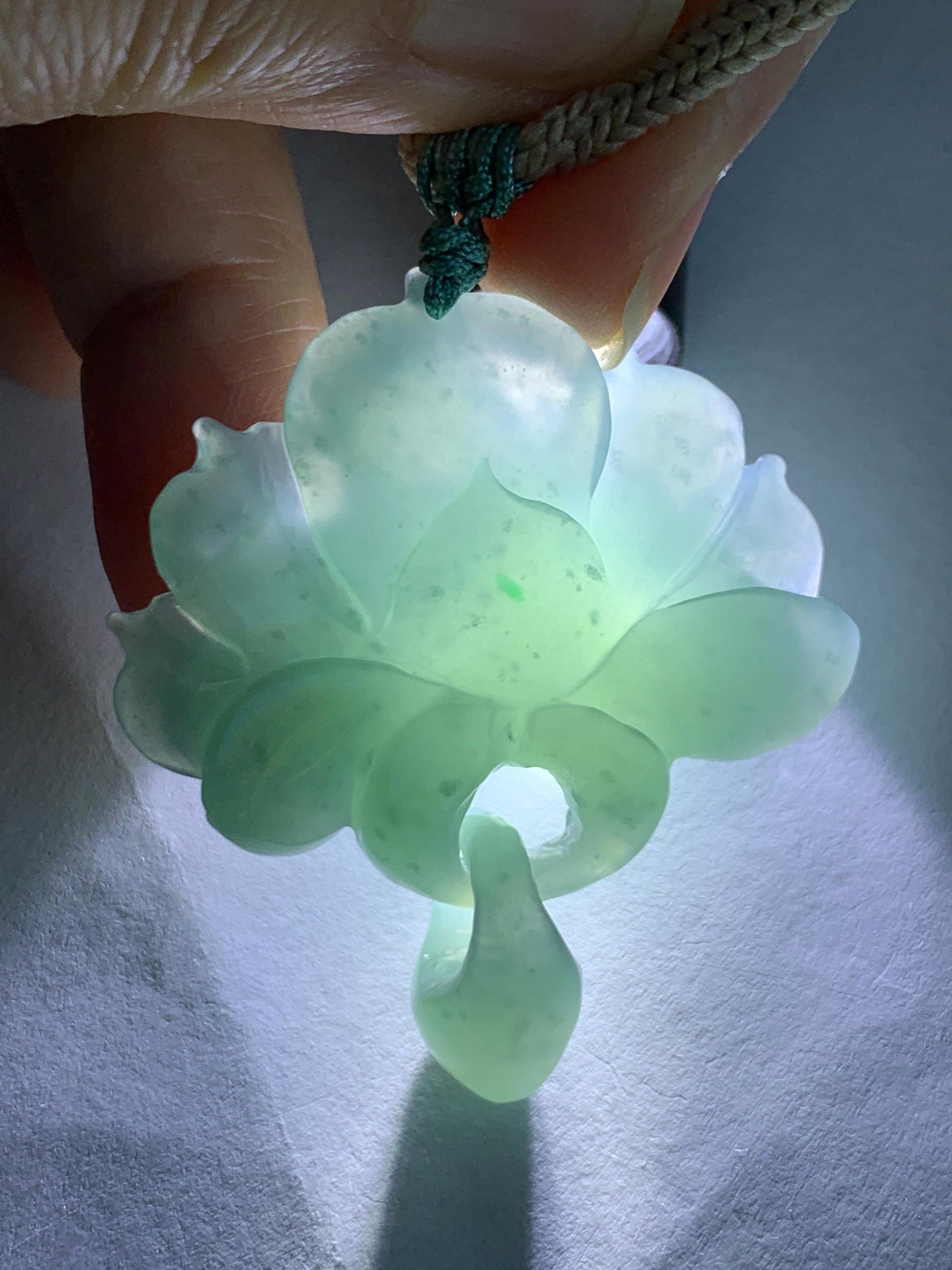 Natural Grade A Guatemalan Icy Translucent Teal Jade Jadeite Carved Double Lotus Flower Pendant Rope Necklace 25” 22g 天然冰危浅蓝翡翠双莲花吊坠 WSLH165