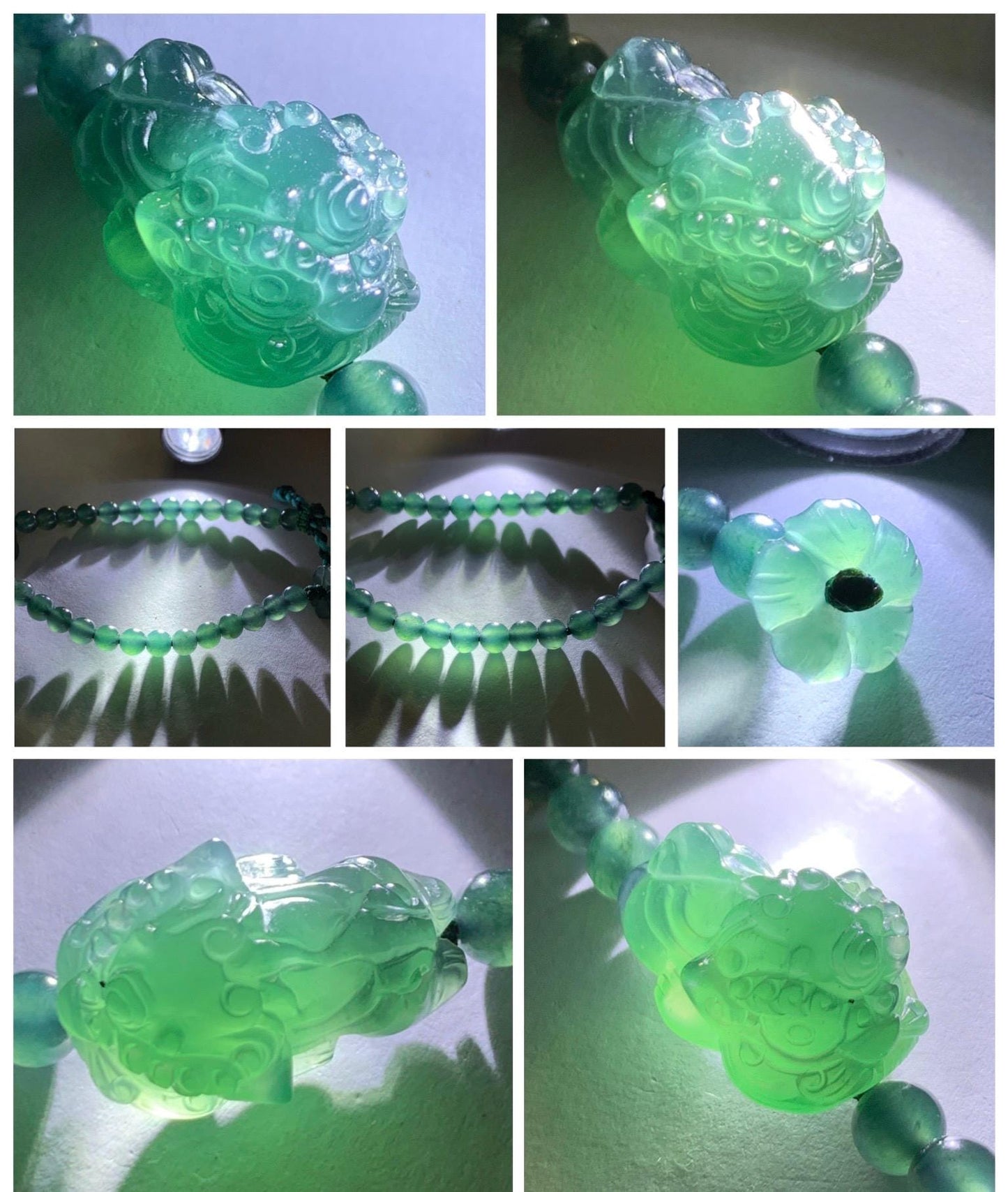 Natural Grade A Guatemalan Icy Translucent Dark Teal Green Jadeite Dancing Lion Beaded Bracelet Adjustable 6.25”-7.5” 天然冰危蓝绿翡翠摆烂小醒狮手串 BLS