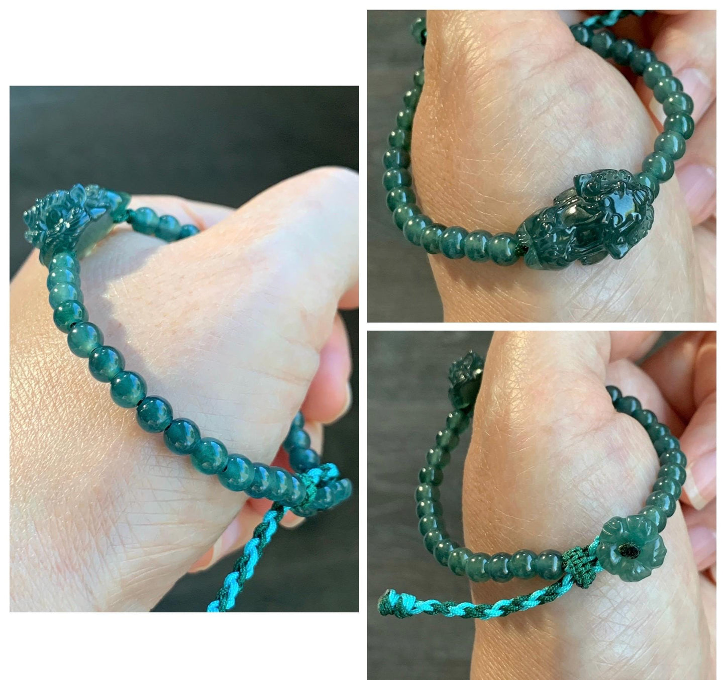 Natural Grade A Guatemalan Icy Translucent Dark Teal Green Jadeite Dancing Lion Beaded Bracelet Adjustable 6.25”-7.5” 天然冰危蓝绿翡翠摆烂小醒狮手串 BLS