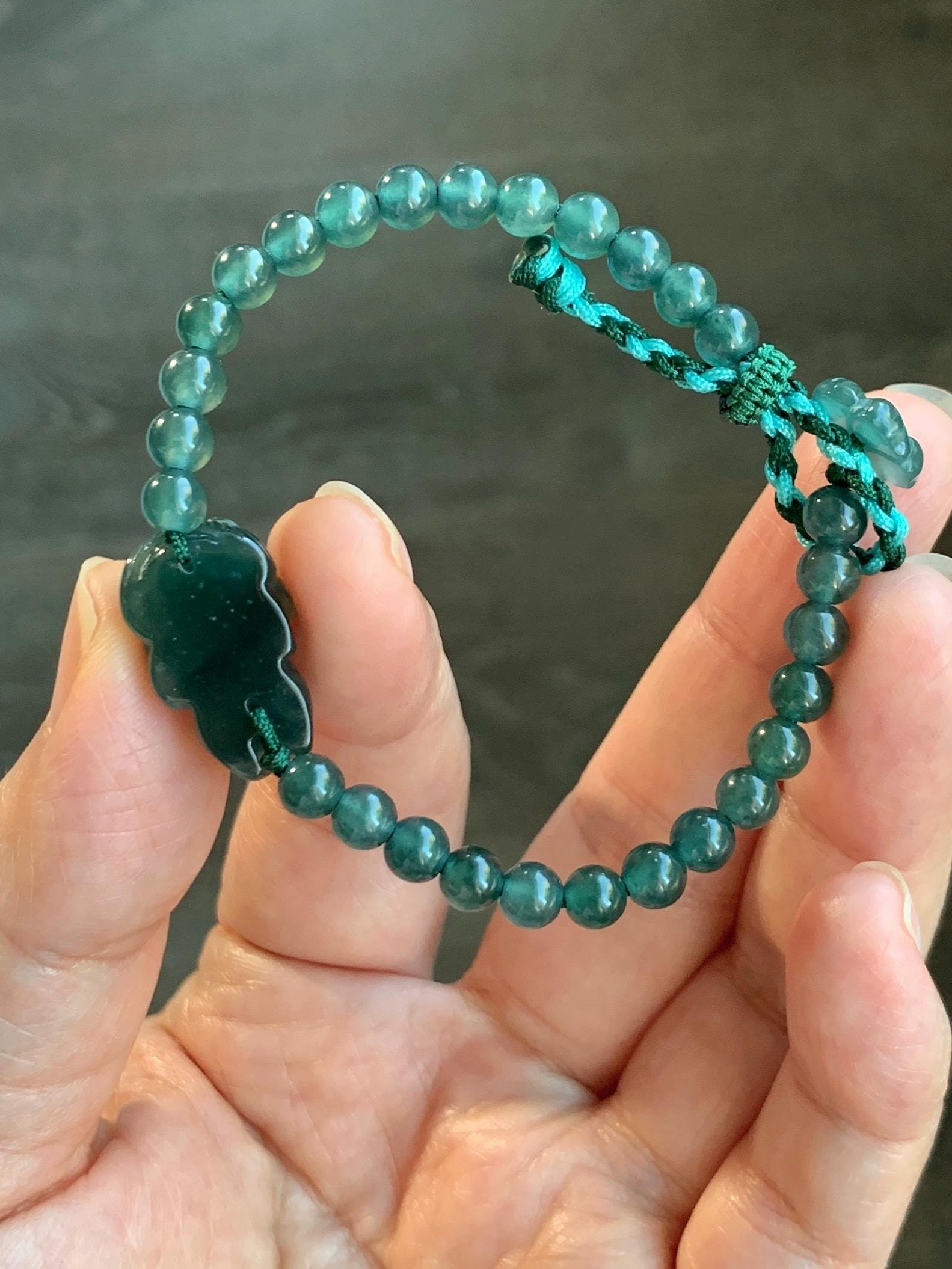 Natural Grade A Guatemalan Icy Translucent Dark Teal Green Jadeite Dancing Lion Beaded Bracelet Adjustable 6.25”-7.5” 天然冰危蓝绿翡翠摆烂小醒狮手串 BLS