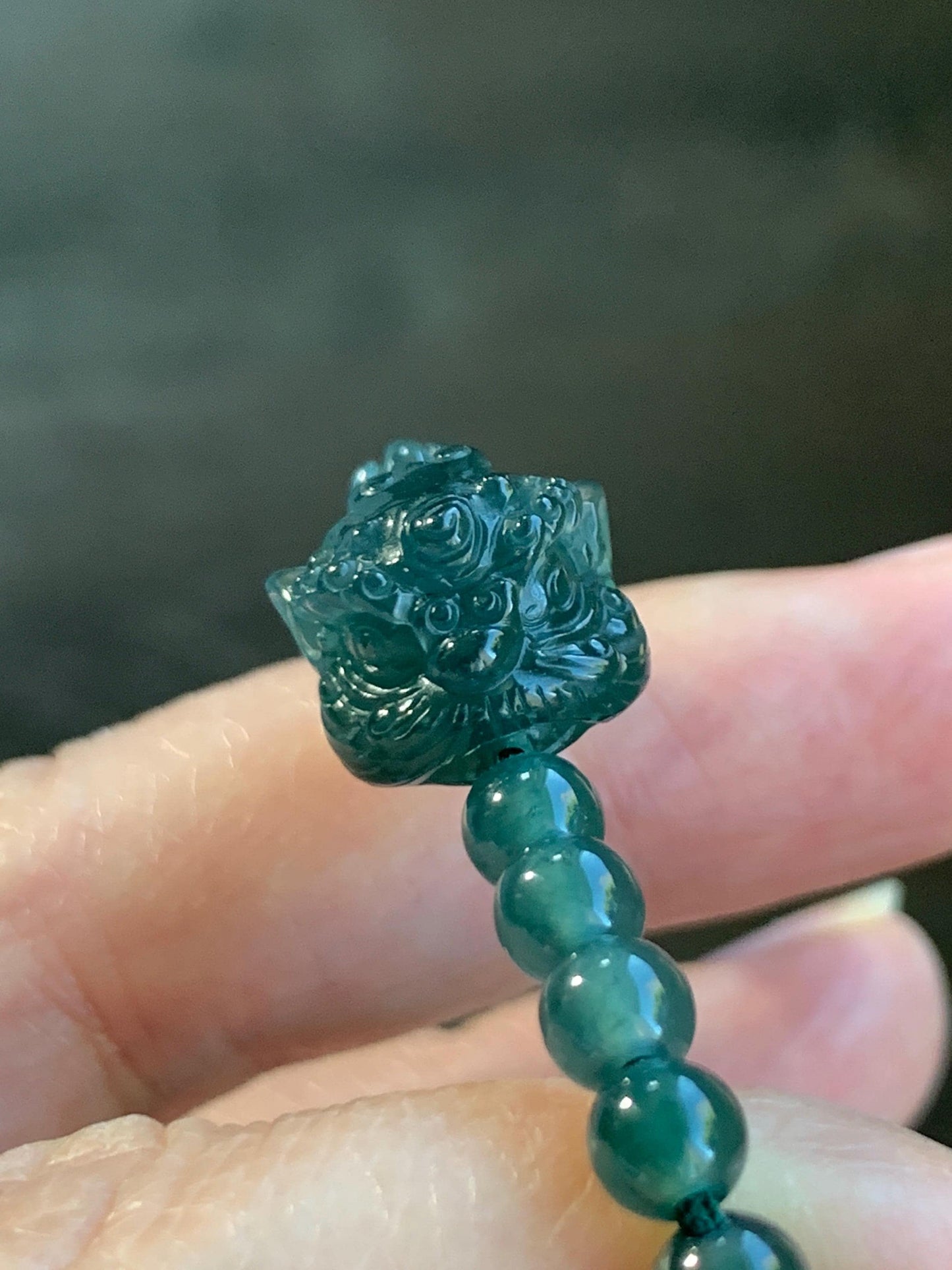 Natural Grade A Guatemalan Icy Translucent Dark Teal Green Jadeite Dancing Lion Beaded Bracelet Adjustable 6.25”-7.5” 天然冰危蓝绿翡翠摆烂小醒狮手串 BLS