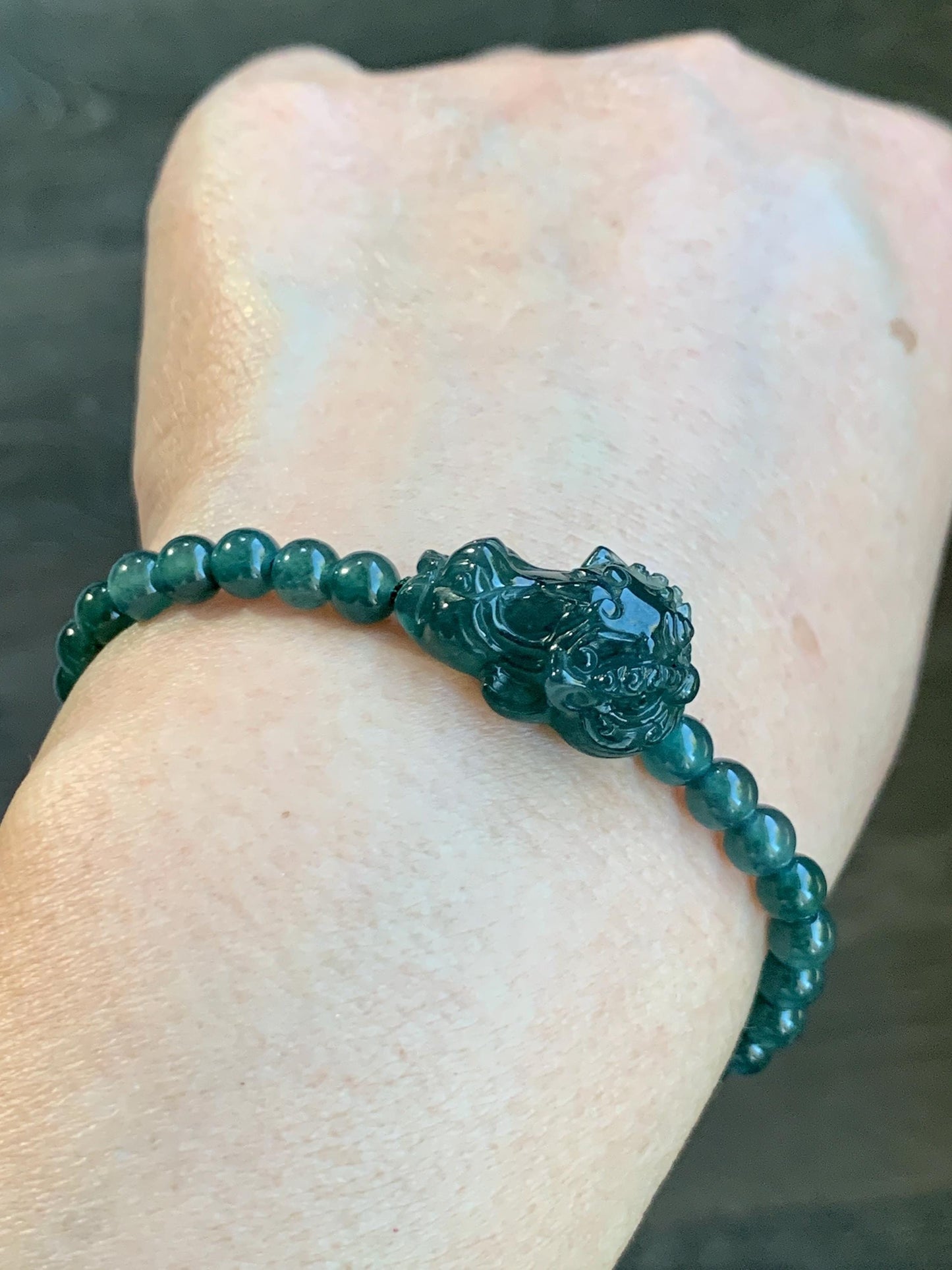 Natural Grade A Guatemalan Icy Translucent Dark Teal Green Jadeite Dancing Lion Beaded Bracelet Adjustable 6.25”-7.5” 天然冰危蓝绿翡翠摆烂小醒狮手串 BLS