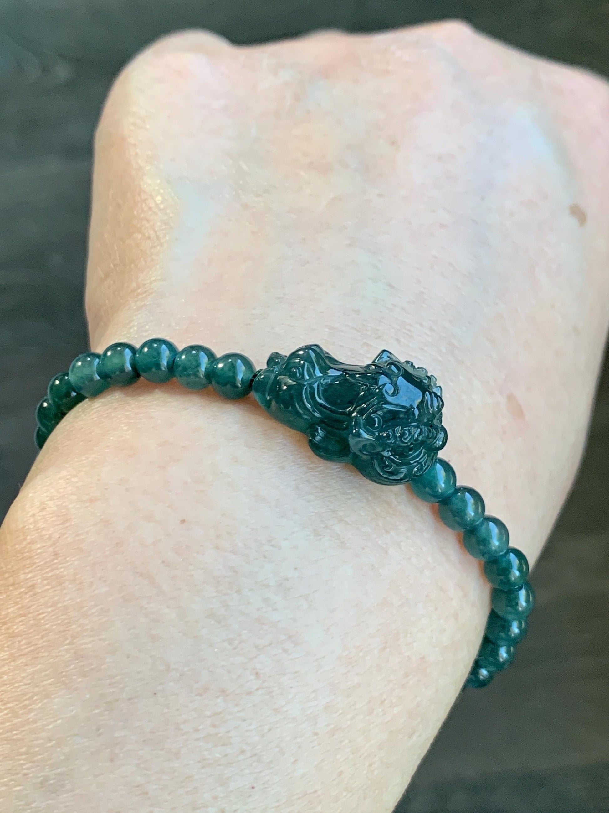 Natural Grade A Guatemalan Icy Translucent Dark Teal Green Jadeite Dancing Lion Beaded Bracelet Adjustable 6.25”-7.5” 天然冰危蓝绿翡翠摆烂小醒狮手串 BLS