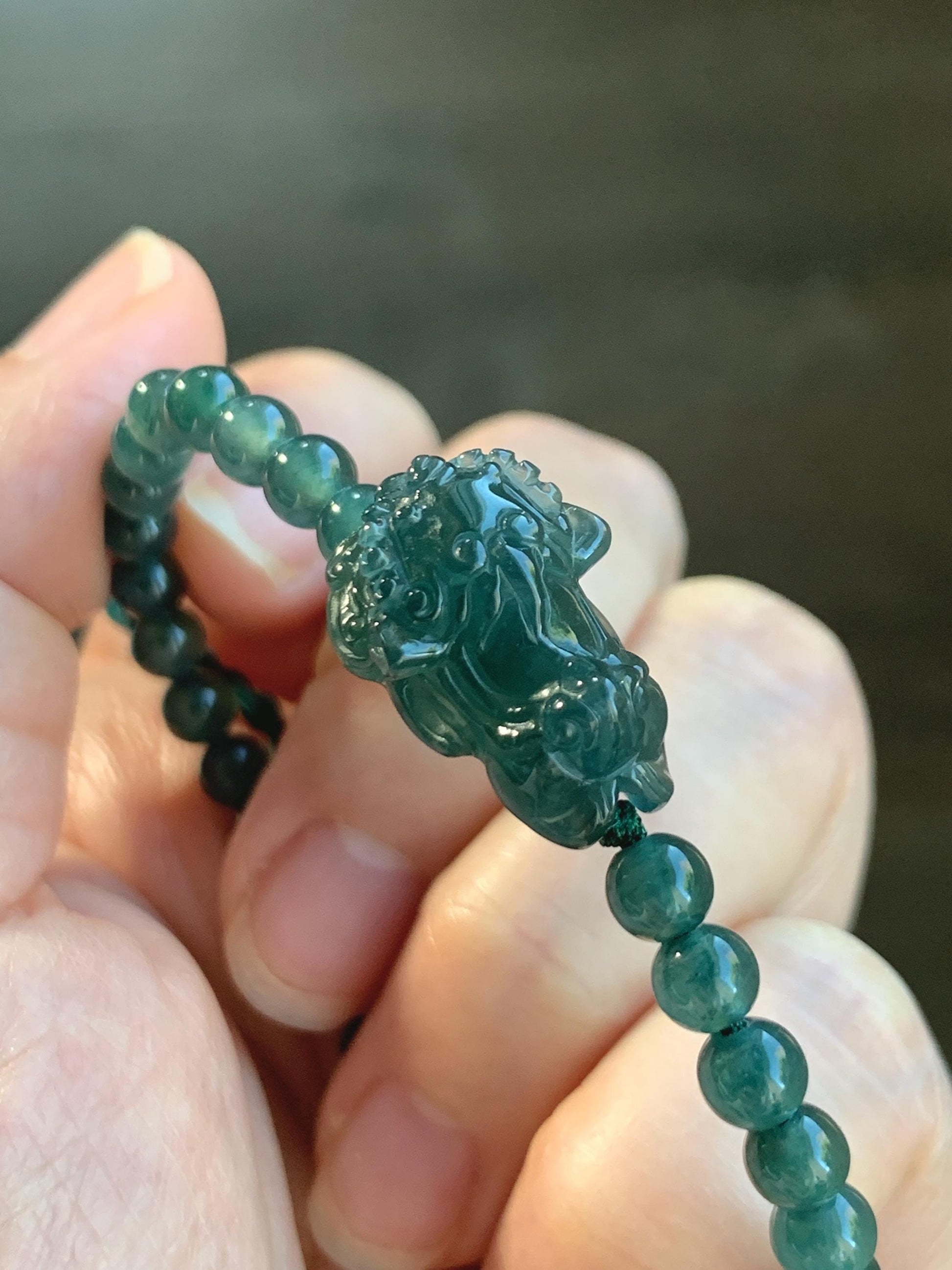 Natural Grade A Guatemalan Icy Translucent Dark Teal Green Jadeite Dancing Lion Beaded Bracelet Adjustable 6.25”-7.5” 天然冰危蓝绿翡翠摆烂小醒狮手串 BLS