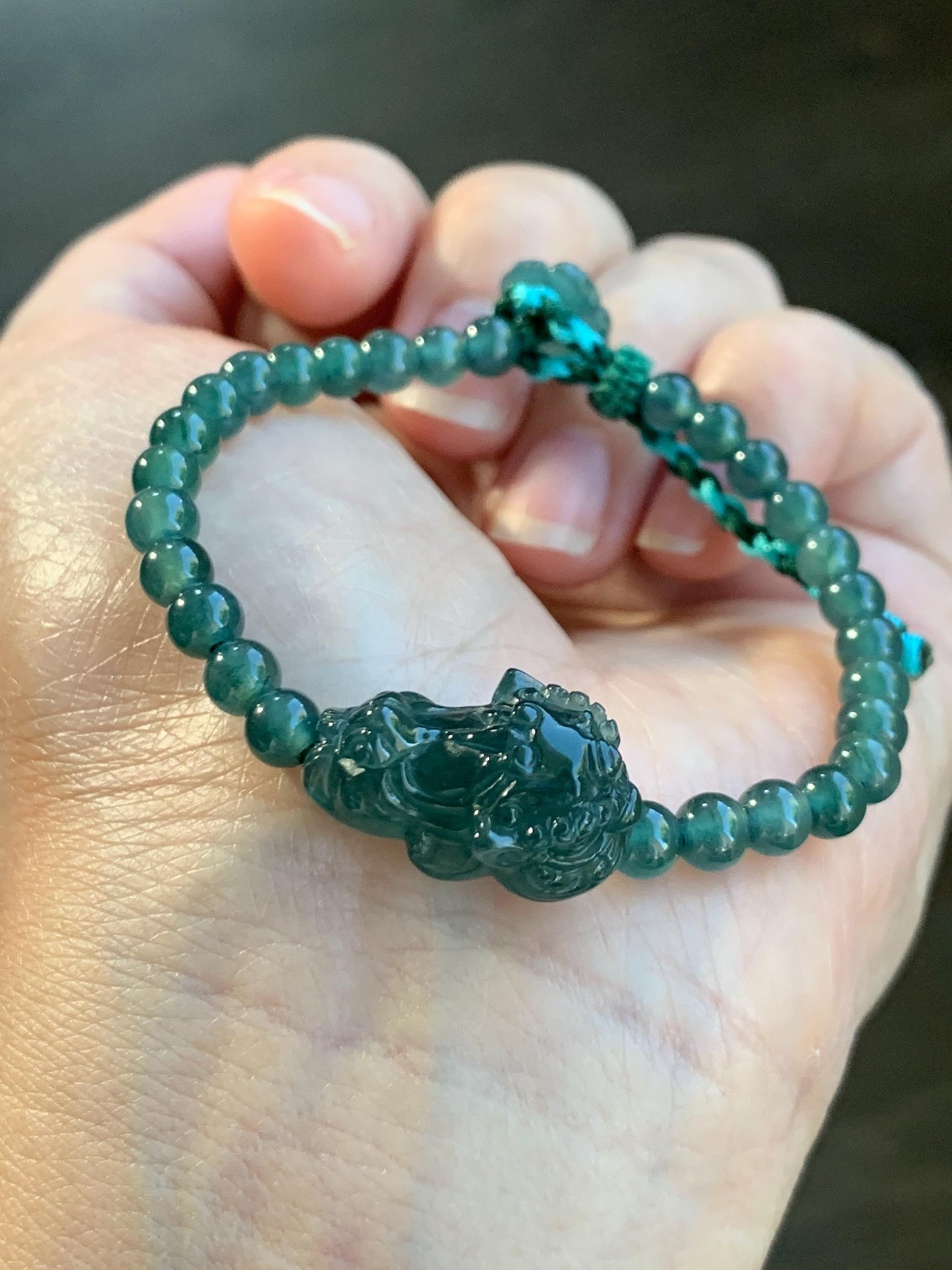 Natural Grade A Guatemalan Icy Translucent Dark Teal Green Jadeite Dancing Lion Beaded Bracelet Adjustable 6.25”-7.5” 天然冰危蓝绿翡翠摆烂小醒狮手串 BLS