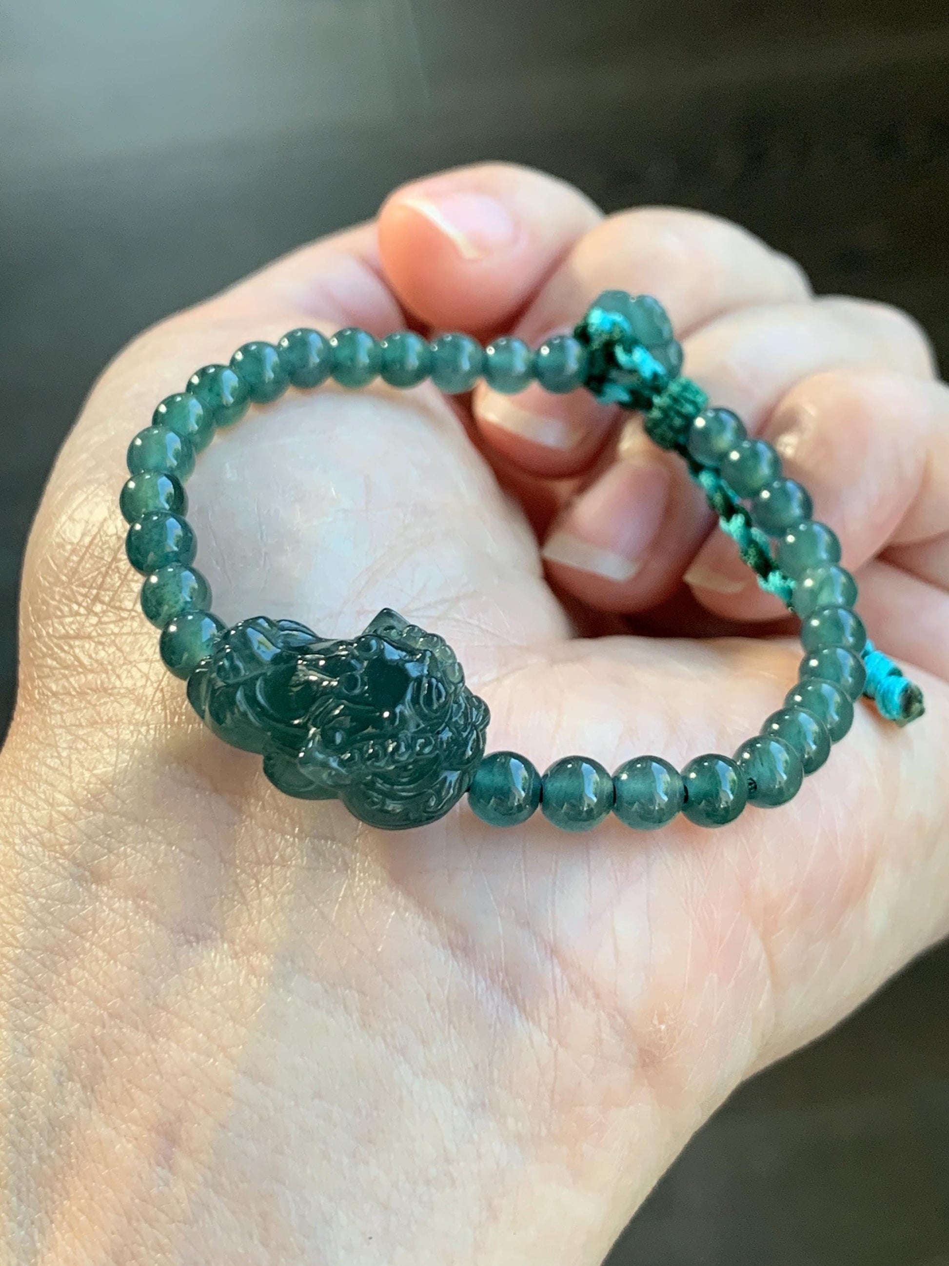 Natural Grade A Guatemalan Icy Translucent Dark Teal Green Jadeite Dancing Lion Beaded Bracelet Adjustable 6.25”-7.5” 天然冰危蓝绿翡翠摆烂小醒狮手串 BLS