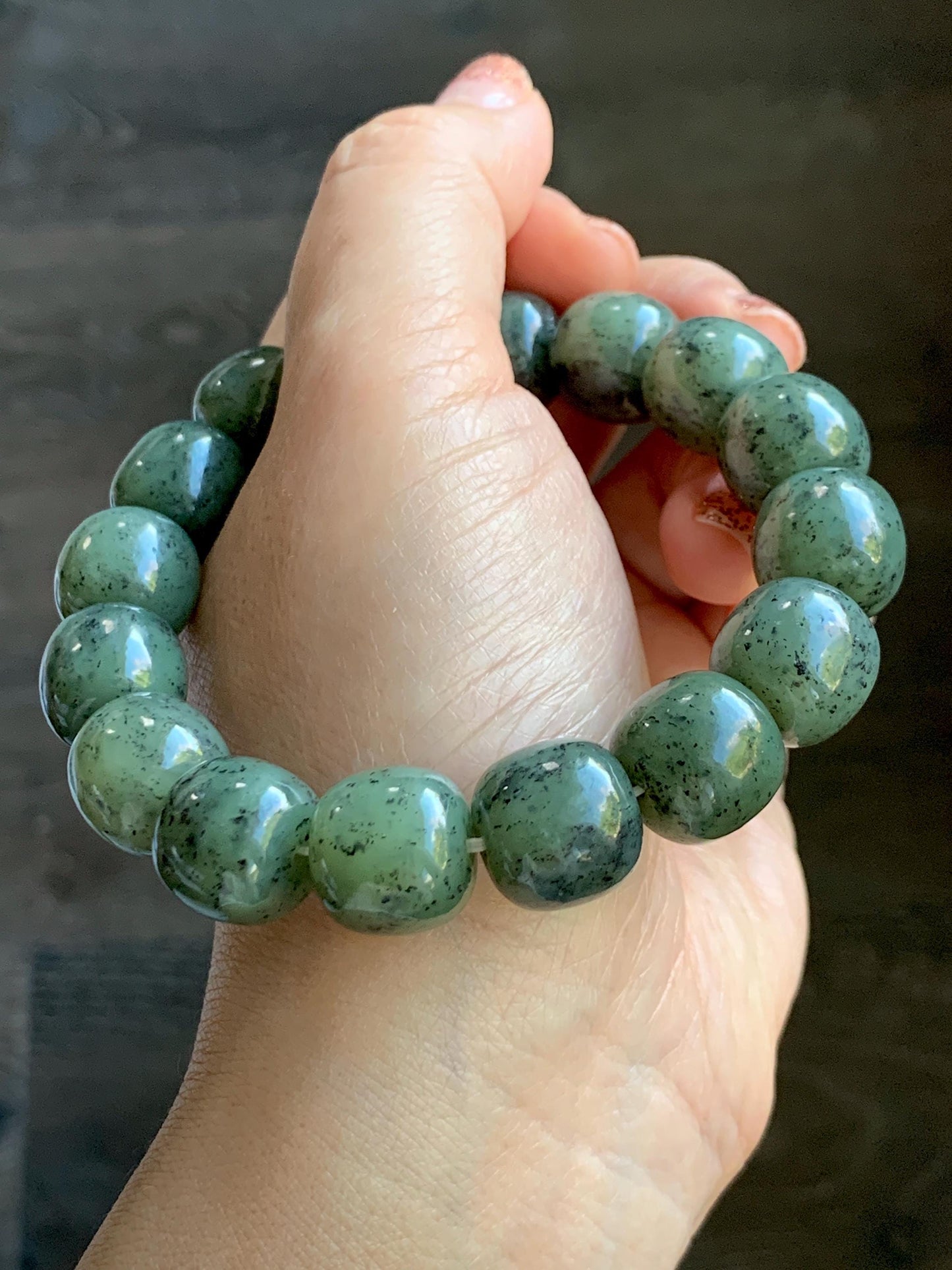 Natural Nephrite Jade Dusty Olive Green & Wuji Spotted Translucent Large Drum Beads Beaded Bracelet Stretchy 8" 74g 天然和田玉鼓珠手串 HTWL168