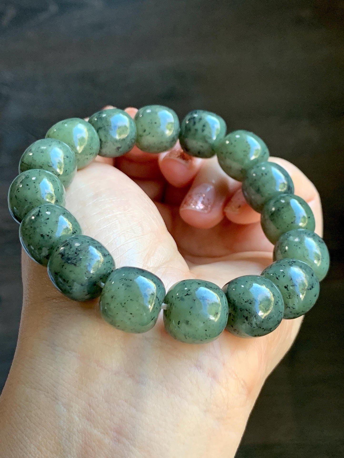 Natural Nephrite Jade Dusty Olive Green & Wuji Spotted Translucent Large Drum Beads Beaded Bracelet Stretchy 8" 74g 天然和田玉鼓珠手串 HTWL168