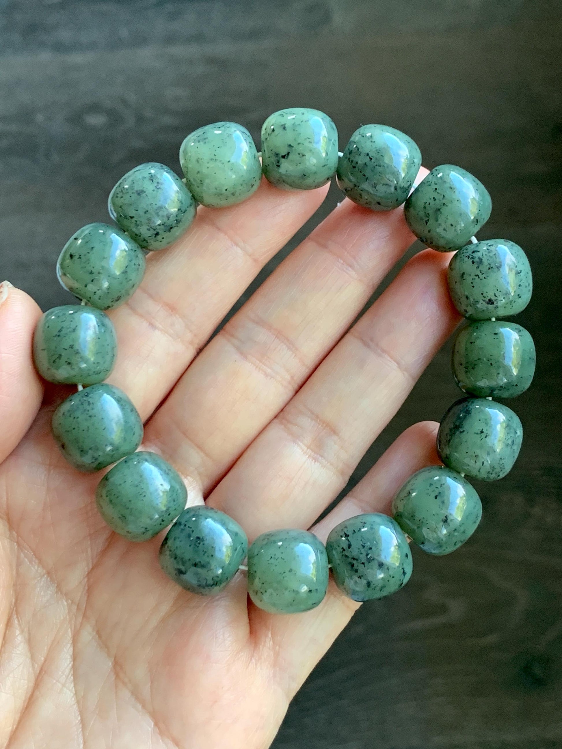 Natural Nephrite Jade Dusty Olive Green & Wuji Spotted Translucent Large Drum Beads Beaded Bracelet Stretchy 8" 74g 天然和田玉鼓珠手串 HTWL168