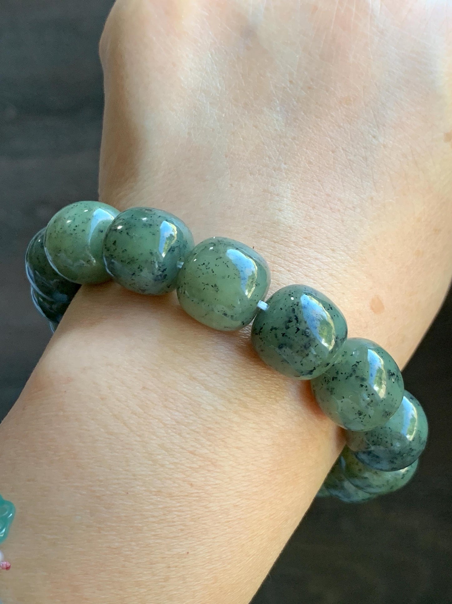 Natural Nephrite Jade Dusty Olive Green & Wuji Spotted Translucent Large Drum Beads Beaded Bracelet Stretchy 8" 74g 天然和田玉鼓珠手串 HTWL168