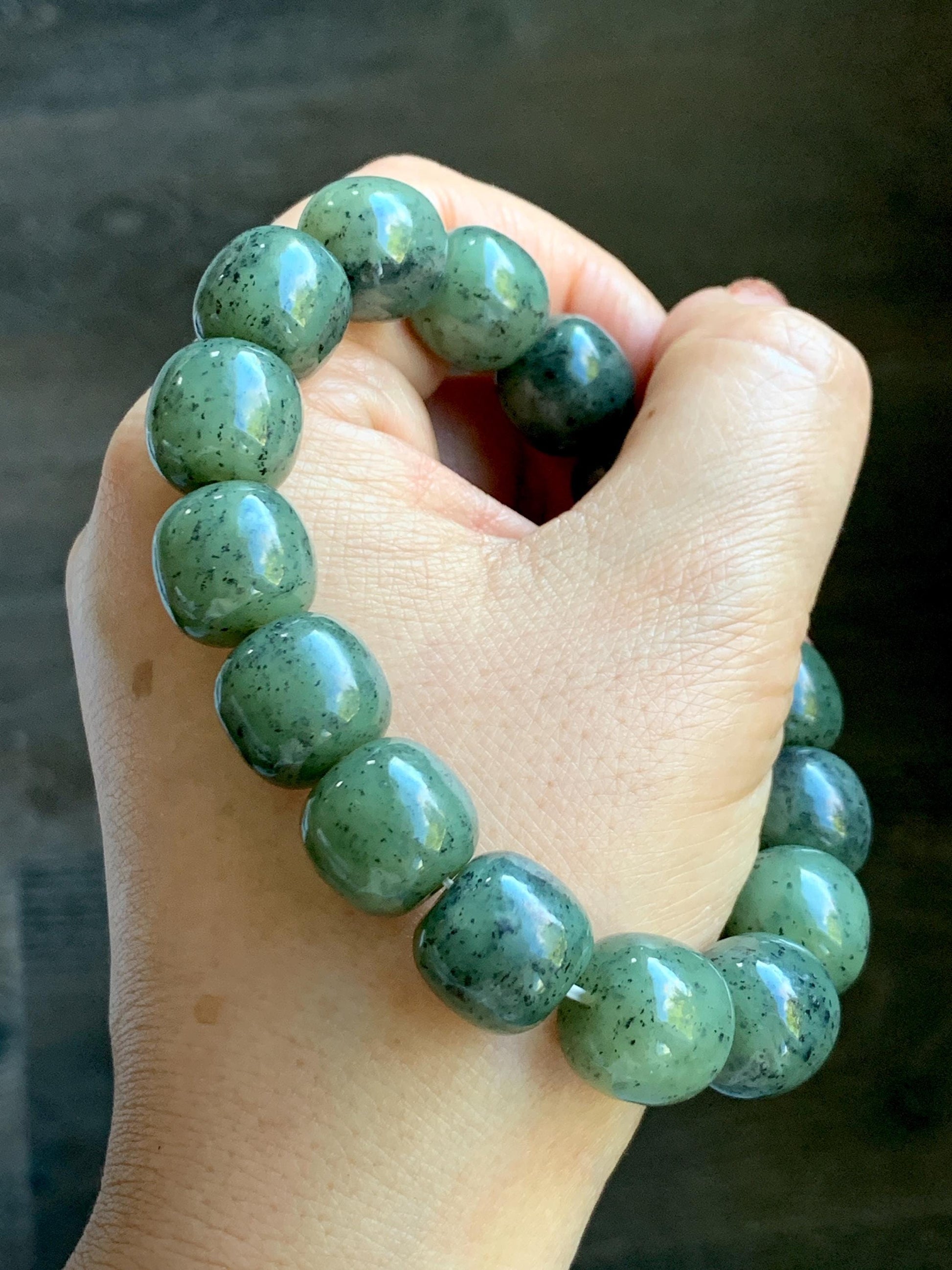 Natural Nephrite Jade Dusty Olive Green & Wuji Spotted Translucent Large Drum Beads Beaded Bracelet Stretchy 8" 74g 天然和田玉鼓珠手串 HTWL168