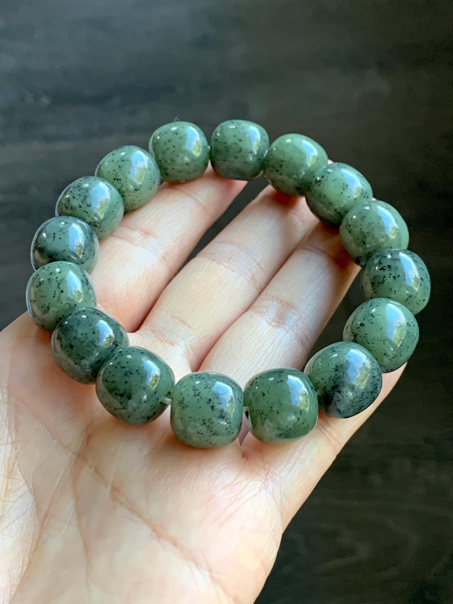 Natural Nephrite Jade Dusty Olive Green & Wuji Spotted Translucent Large Drum Beads Beaded Bracelet Stretchy 8" 74g 天然和田玉鼓珠手串 HTWL168