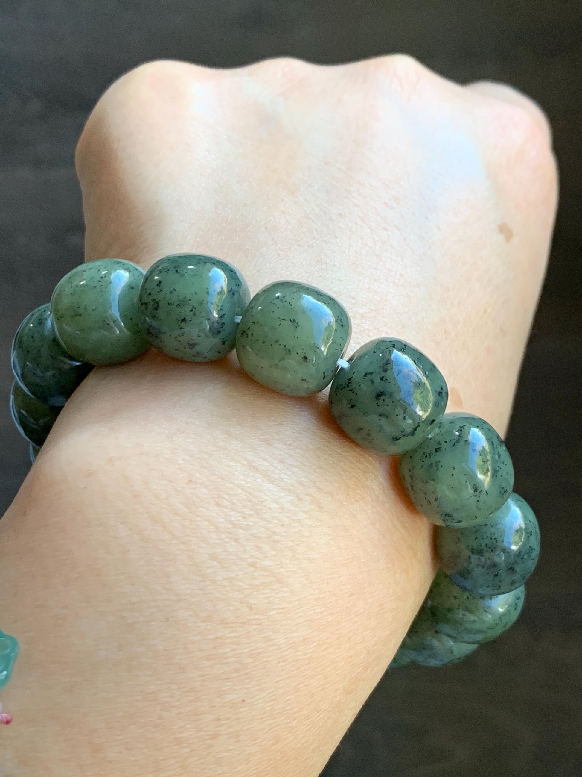 Natural Nephrite Jade Dusty Olive Green & Wuji Spotted Translucent Large Drum Beads Beaded Bracelet Stretchy 8" 74g 天然和田玉鼓珠手串 HTWL168