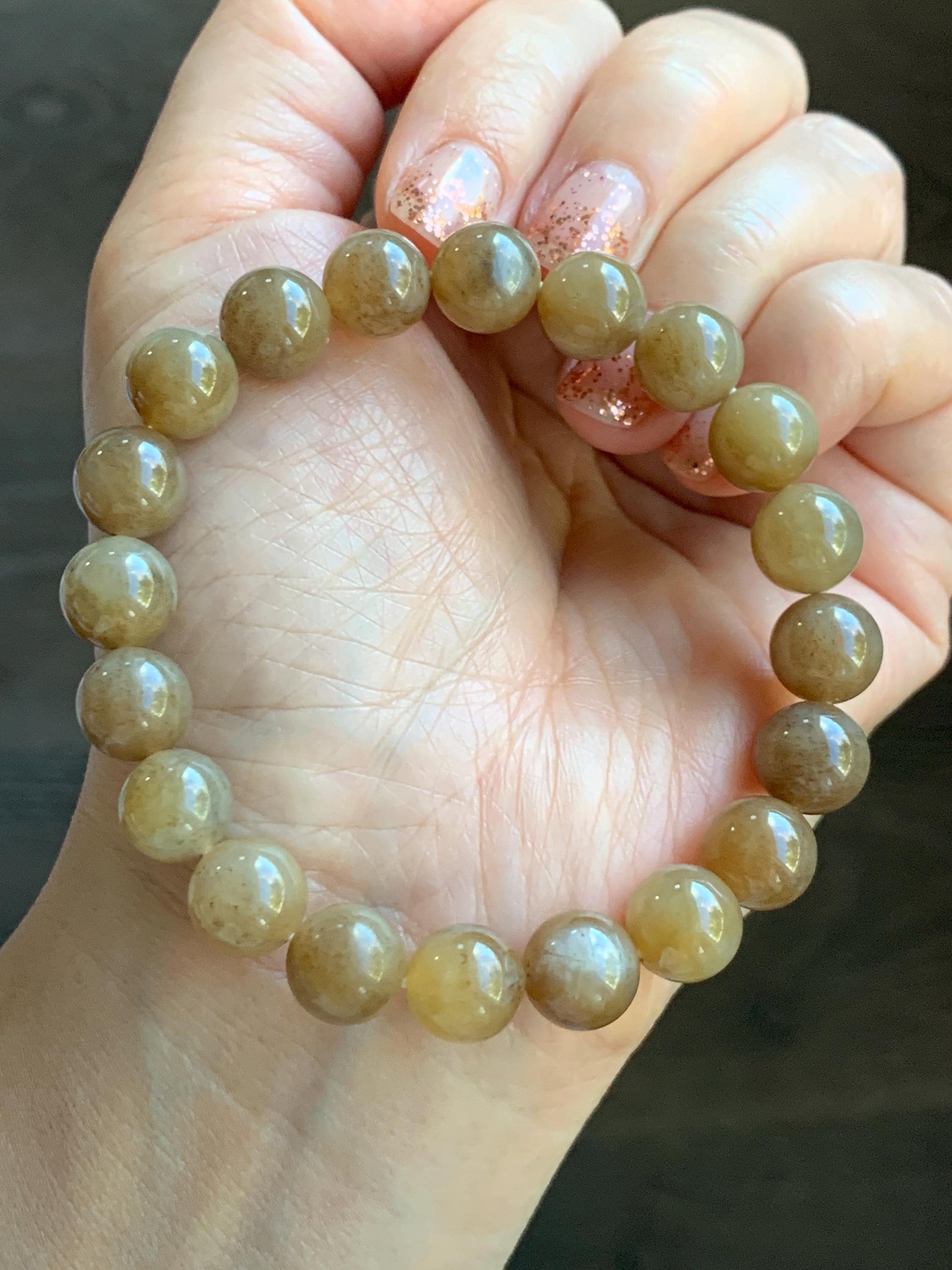 Natural Nephrite Jade Brown Sugar Translucent Large Round Beads Beaded Bracelet Stretchy 9.8mm 7.5" 29g 天然和田玉糖色圆珠手串 HTT240A