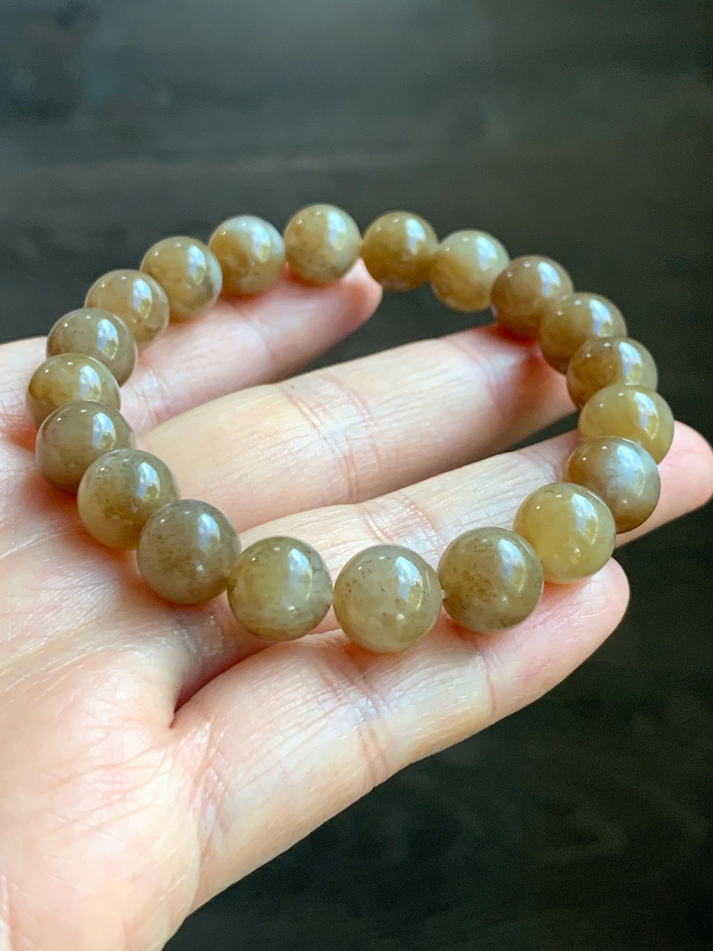 Natural Nephrite Jade Brown Sugar Translucent Large Round Beads Beaded Bracelet Stretchy 9.8mm 7.5" 29g 天然和田玉糖色圆珠手串 HTT240A