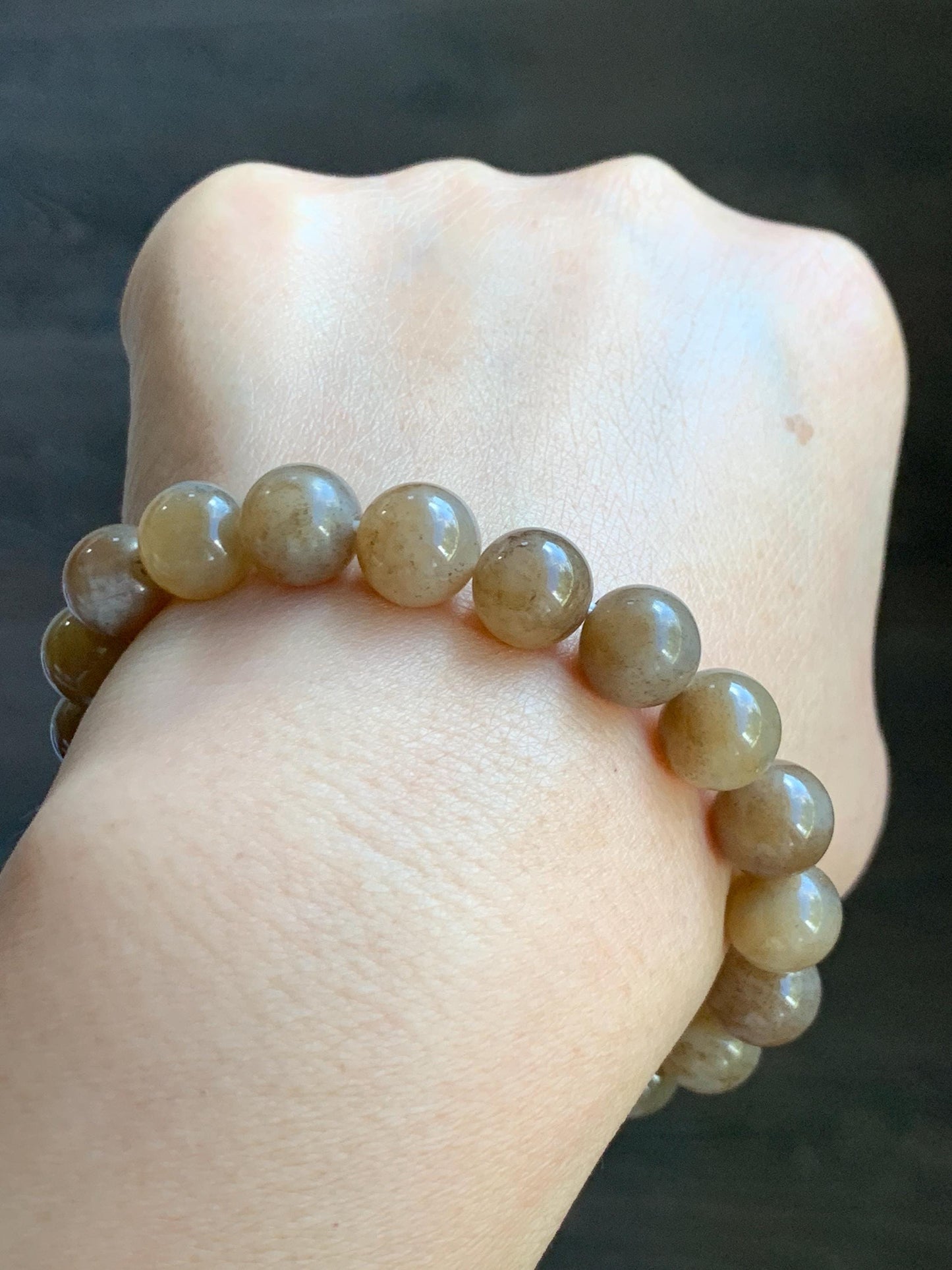 Natural Nephrite Jade Brown Sugar Translucent Large Round Beads Beaded Bracelet Stretchy 9.8mm 7.5" 29g 天然和田玉糖色圆珠手串 HTT240A