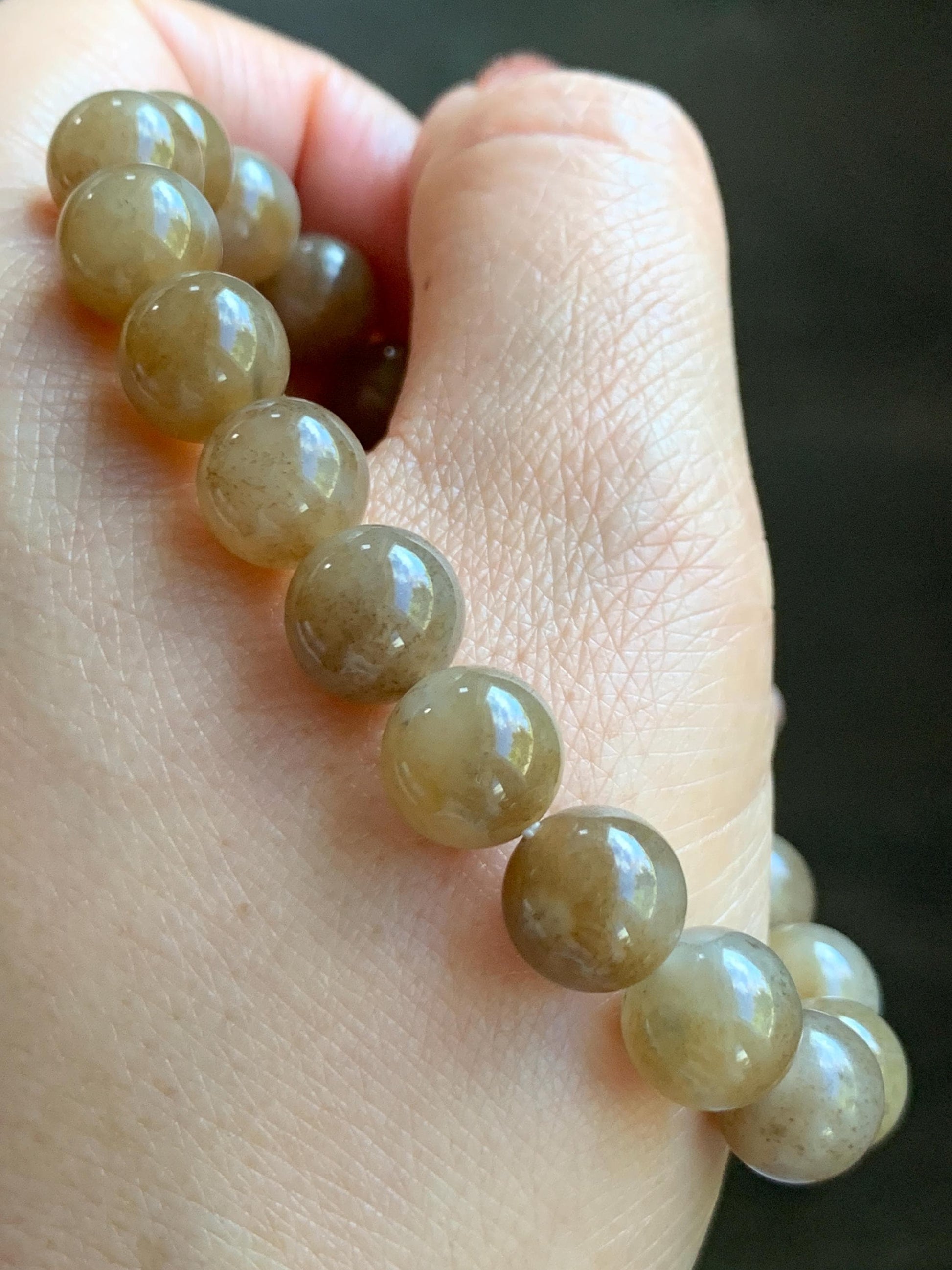 Natural Nephrite Jade Brown Sugar Translucent Large Round Beads Beaded Bracelet Stretchy 9.8mm 7.5" 29g 天然和田玉糖色圆珠手串 HTT240A