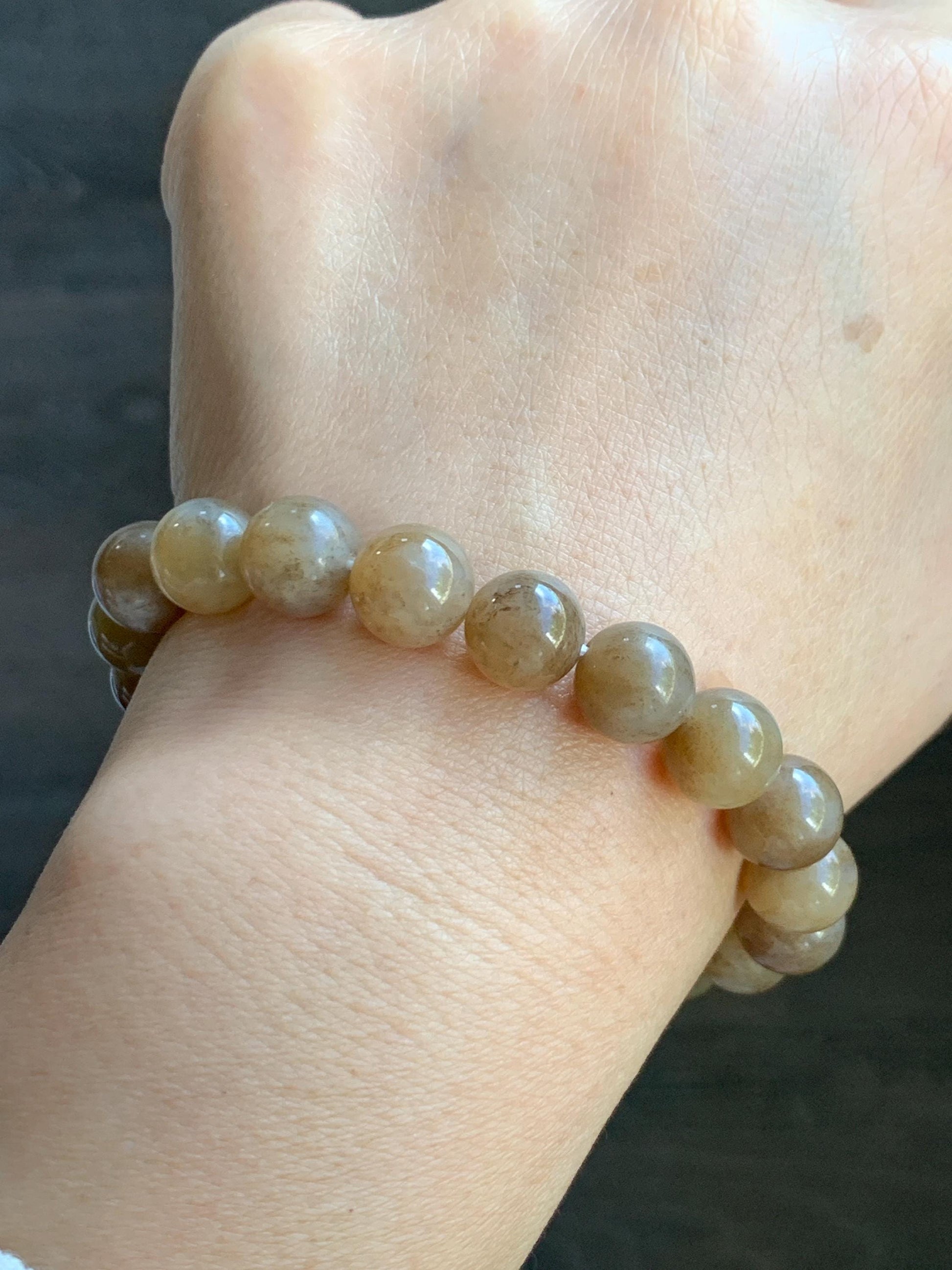 Natural Nephrite Jade Brown Sugar Translucent Large Round Beads Beaded Bracelet Stretchy 9.8mm 7.5" 29g 天然和田玉糖色圆珠手串 HTT240A
