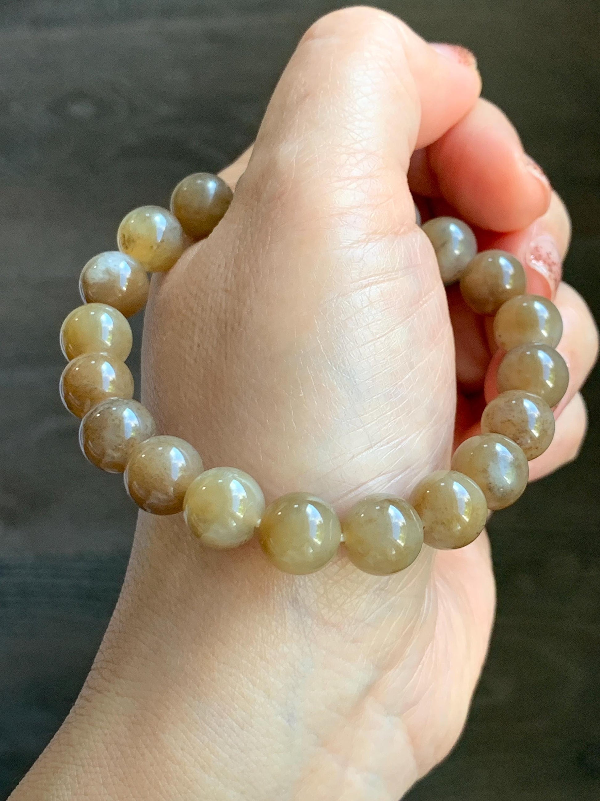 Natural Nephrite Jade Brown Sugar Translucent Large Round Beads Beaded Bracelet Stretchy 9.8mm 7.5" 29g 天然和田玉糖色圆珠手串 HTT240A