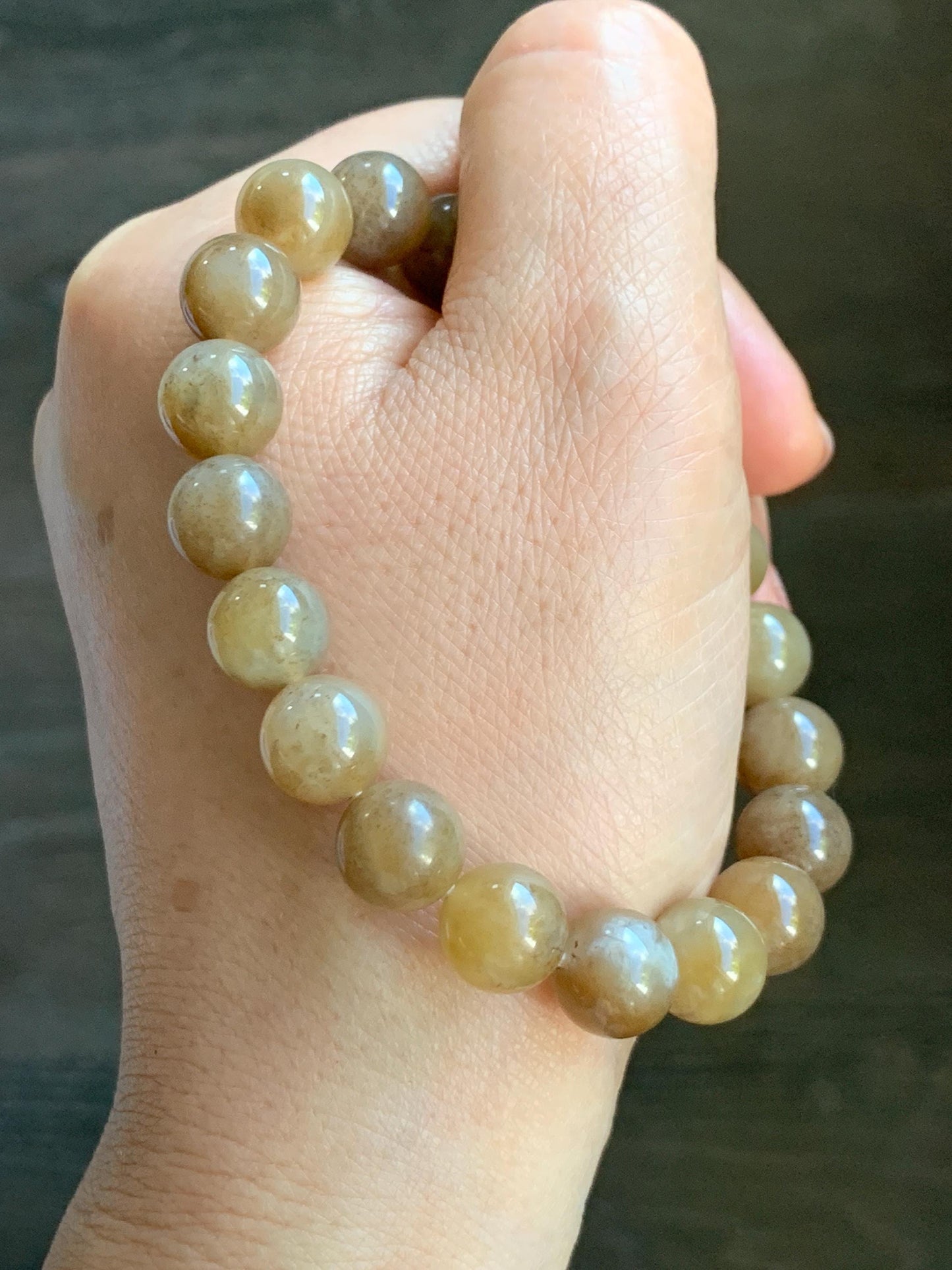 Natural Nephrite Jade Brown Sugar Translucent Large Round Beads Beaded Bracelet Stretchy 9.8mm 7.5" 29g 天然和田玉糖色圆珠手串 HTT240A