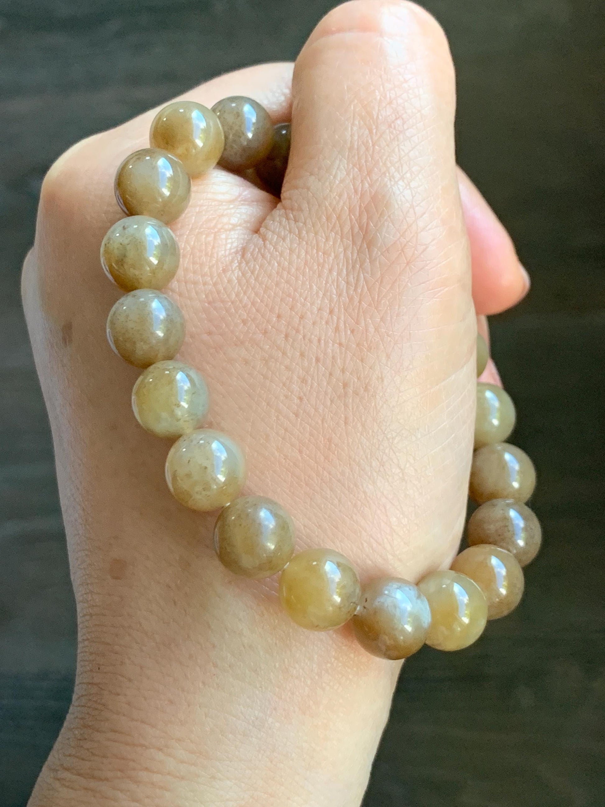 Natural Nephrite Jade Brown Sugar Translucent Large Round Beads Beaded Bracelet Stretchy 9.8mm 7.5" 29g 天然和田玉糖色圆珠手串 HTT240A