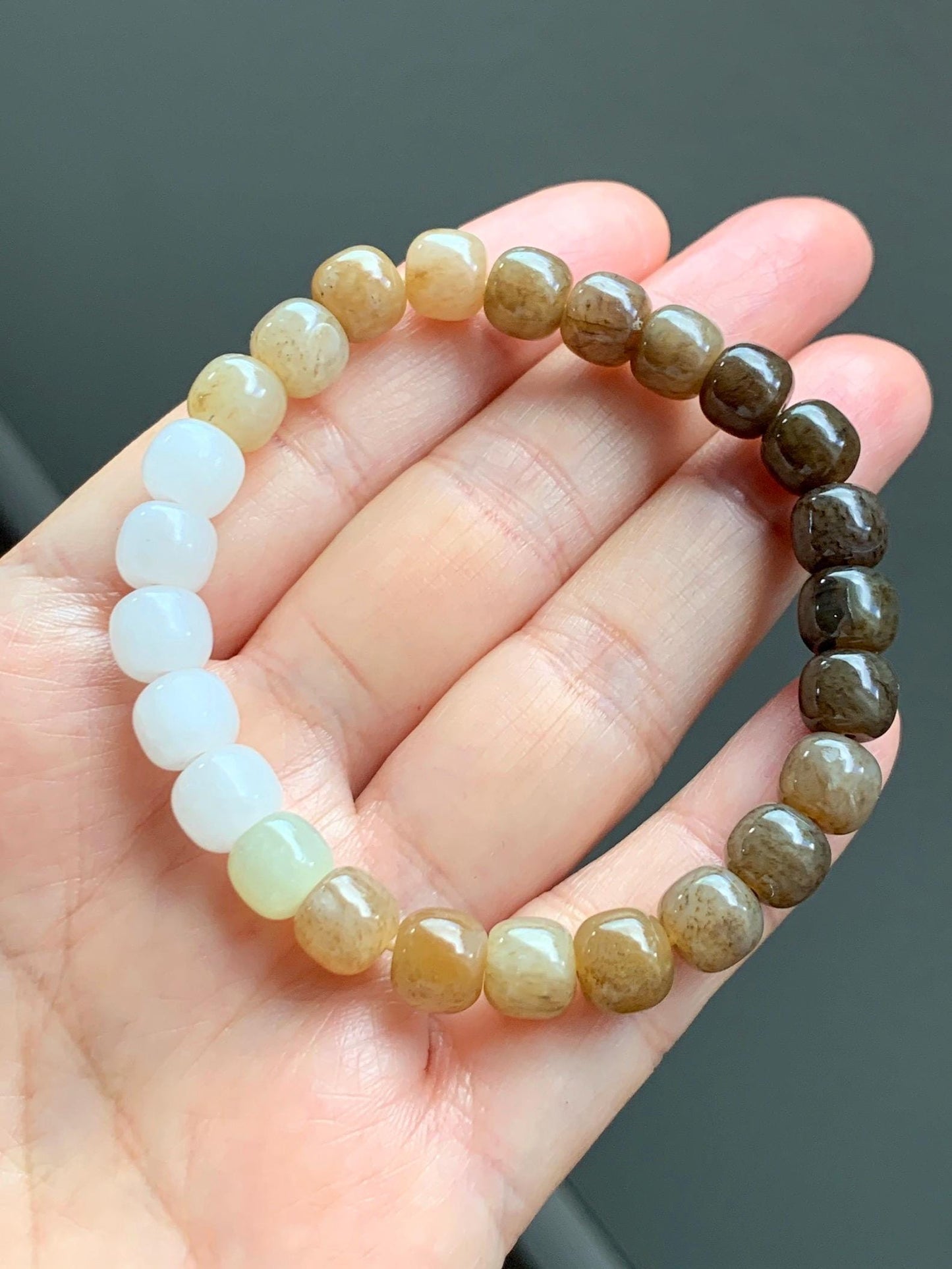 Natural Nephrite Jade Brown Sugar multicolored Translucent Drum Beads Beaded Bracelet Stretchy 6.75" 18g 天然和田玉糖色多宝鼓珠手串 HTT240B