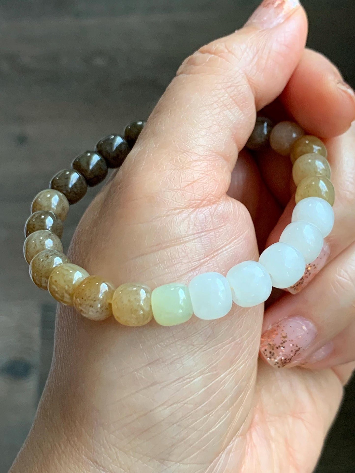 Natural Nephrite Jade Brown Sugar multicolored Translucent Drum Beads Beaded Bracelet Stretchy 6.75" 18g 天然和田玉糖色多宝鼓珠手串 HTT240B