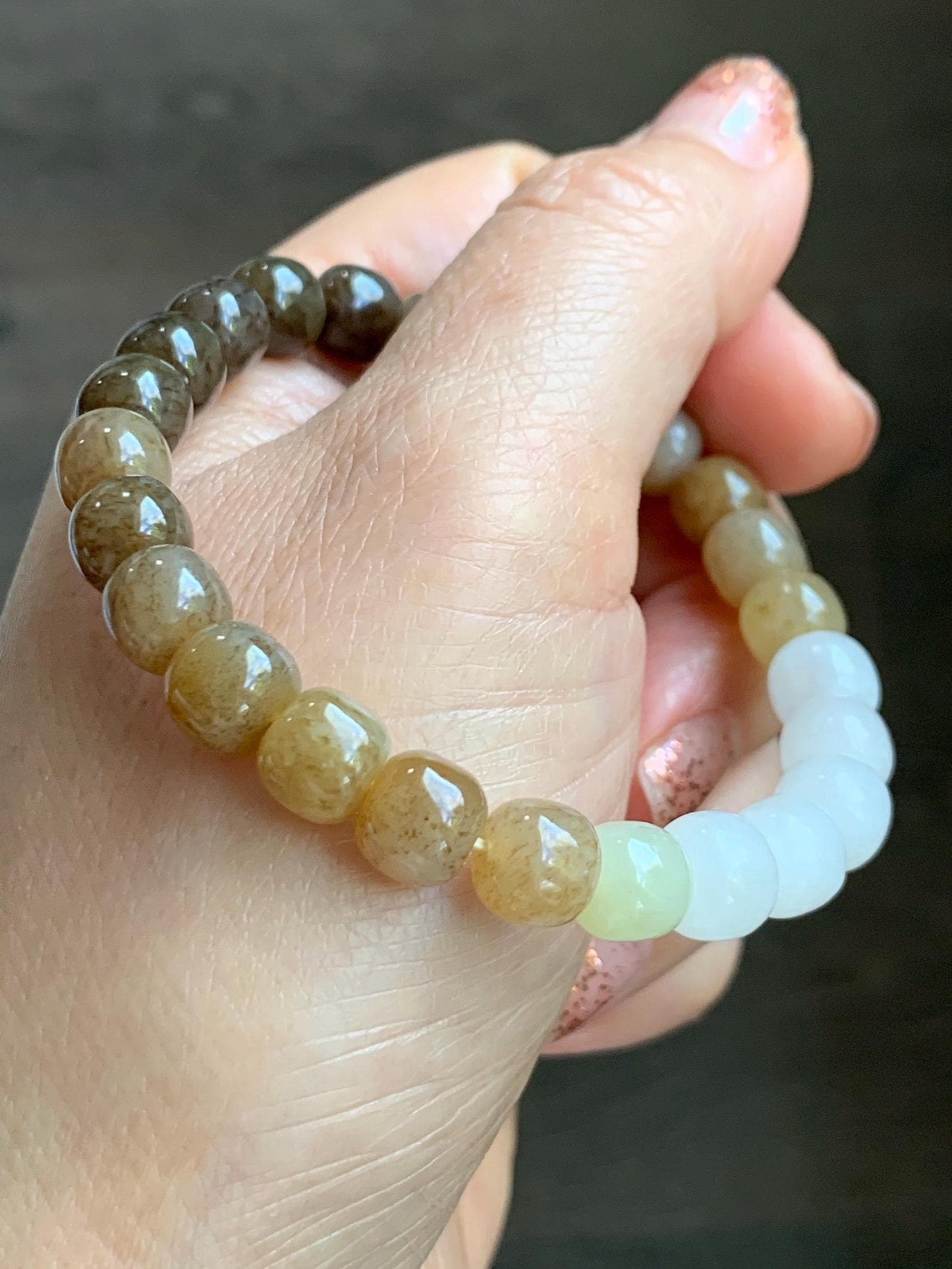Natural Nephrite Jade Brown Sugar multicolored Translucent Drum Beads Beaded Bracelet Stretchy 6.75" 18g 天然和田玉糖色多宝鼓珠手串 HTT240B