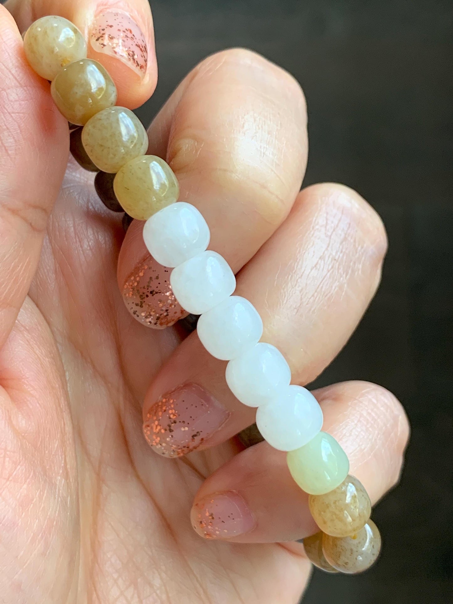 Natural Nephrite Jade Brown Sugar multicolored Translucent Drum Beads Beaded Bracelet Stretchy 6.75" 18g 天然和田玉糖色多宝鼓珠手串 HTT240B
