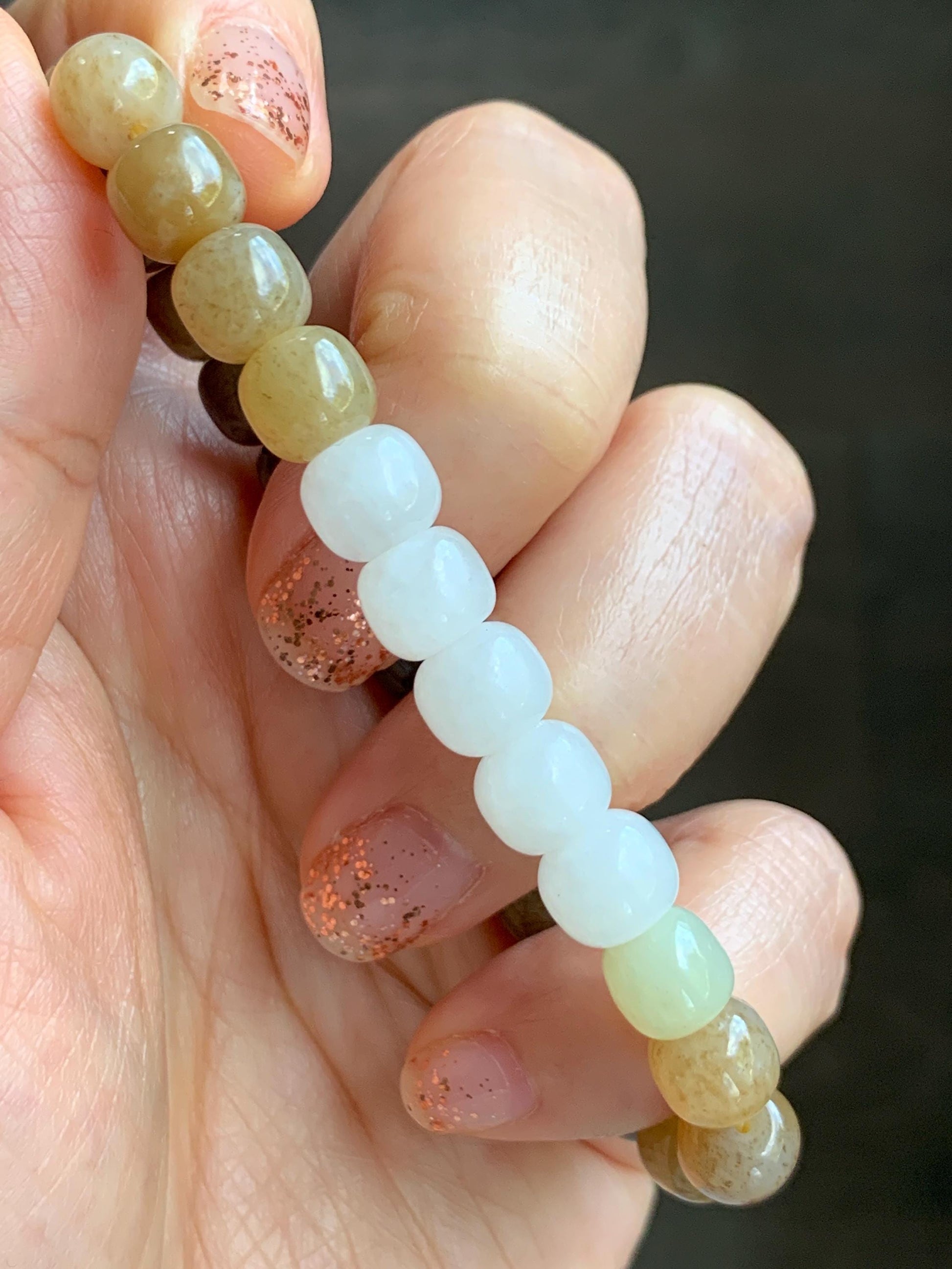 Natural Nephrite Jade Brown Sugar multicolored Translucent Drum Beads Beaded Bracelet Stretchy 6.75" 18g 天然和田玉糖色多宝鼓珠手串 HTT240B