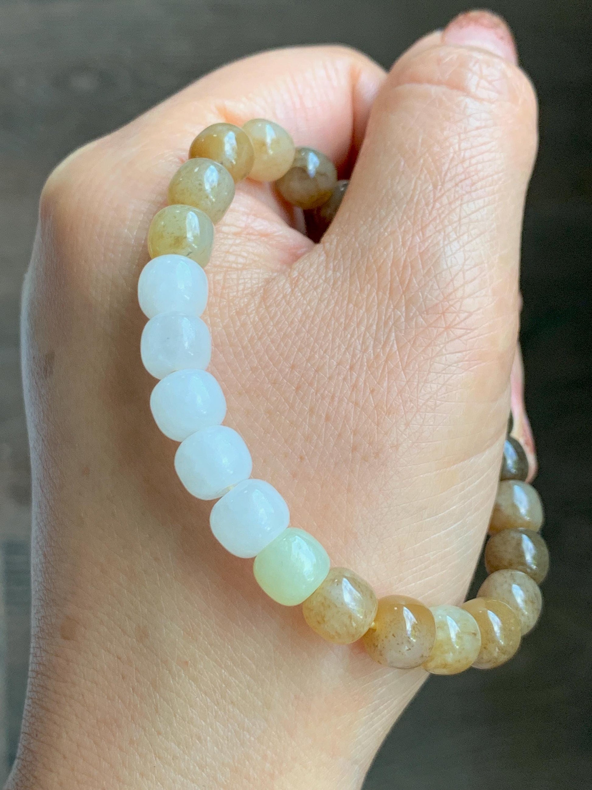 Natural Nephrite Jade Brown Sugar multicolored Translucent Drum Beads Beaded Bracelet Stretchy 6.75" 18g 天然和田玉糖色多宝鼓珠手串 HTT240B