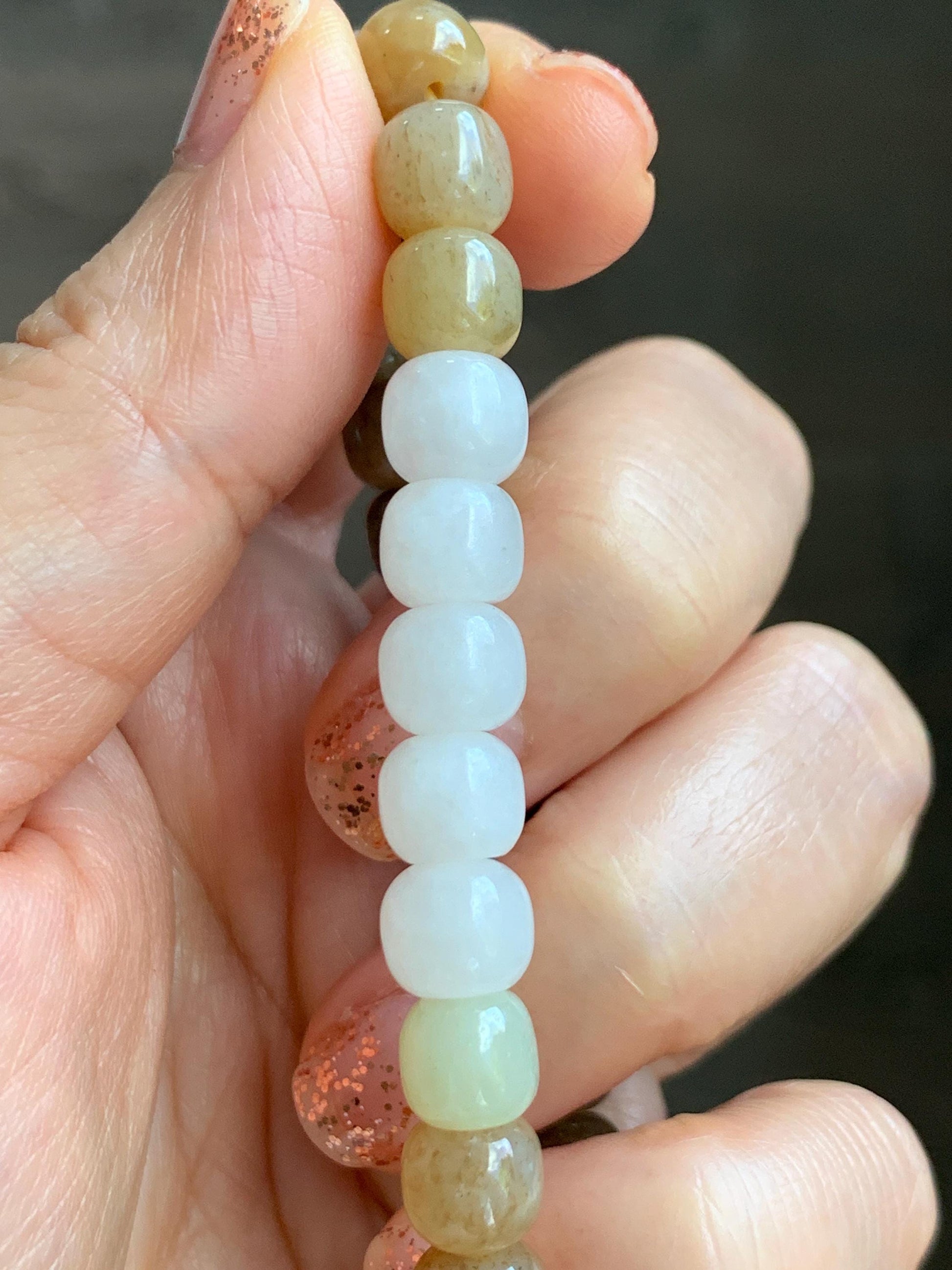 Natural Nephrite Jade Brown Sugar multicolored Translucent Drum Beads Beaded Bracelet Stretchy 6.75" 18g 天然和田玉糖色多宝鼓珠手串 HTT240B