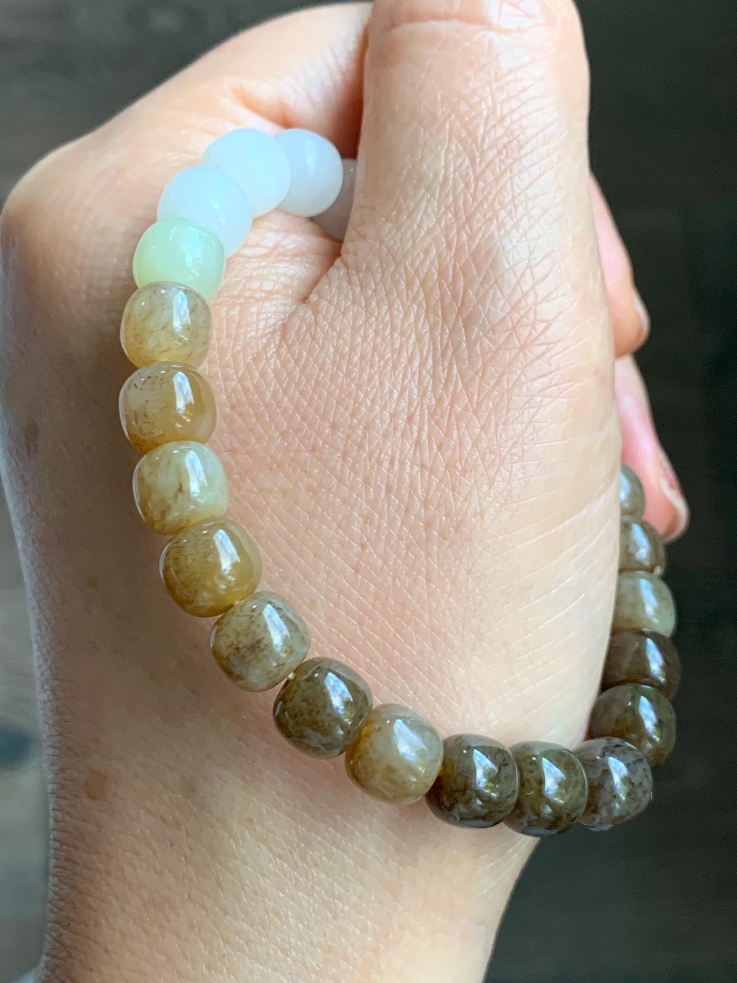 Natural Nephrite Jade Brown Sugar multicolored Translucent Drum Beads Beaded Bracelet Stretchy 6.75" 18g 天然和田玉糖色多宝鼓珠手串 HTT240B