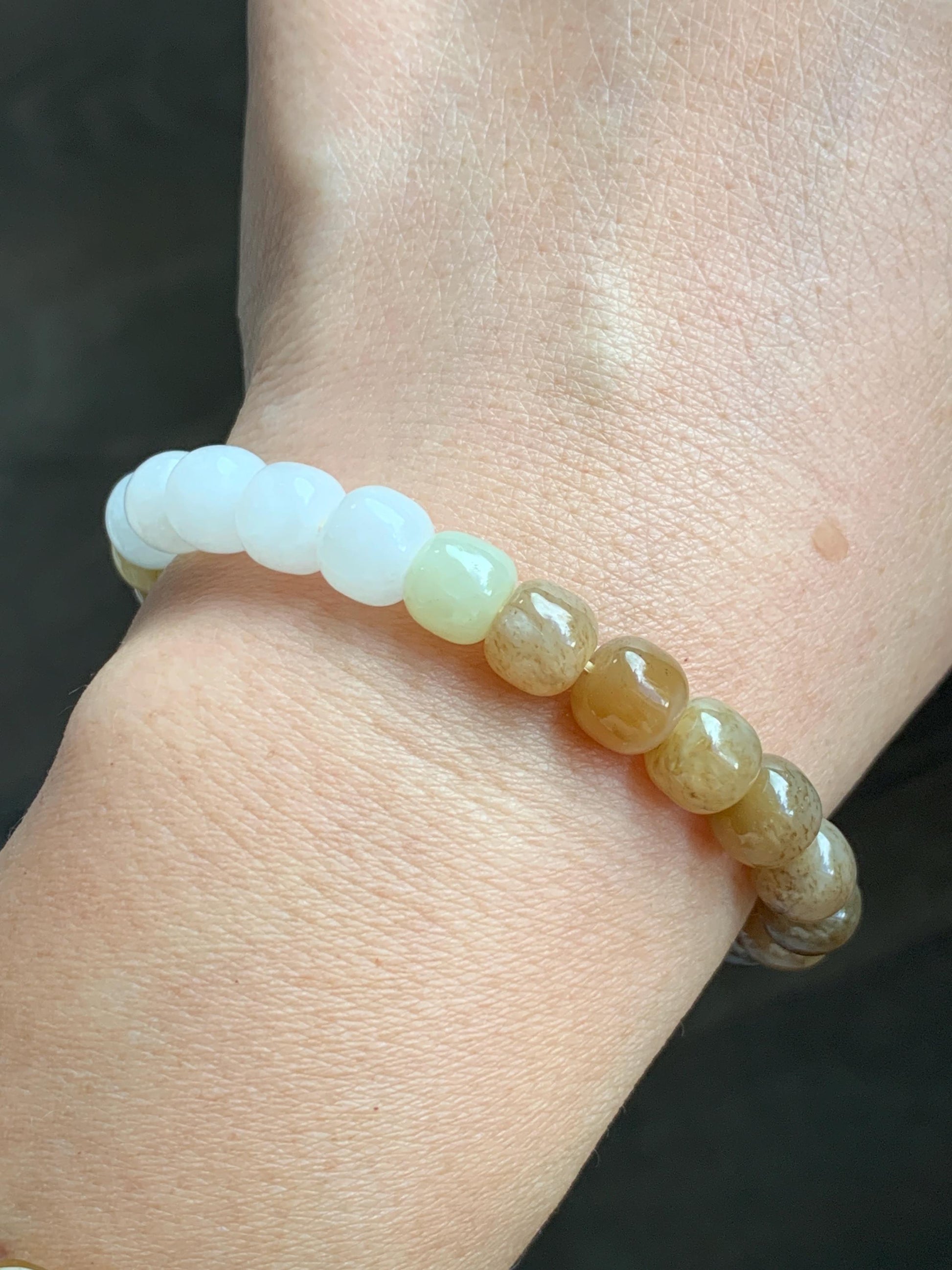 Natural Nephrite Jade Brown Sugar multicolored Translucent Drum Beads Beaded Bracelet Stretchy 6.75" 18g 天然和田玉糖色多宝鼓珠手串 HTT240B