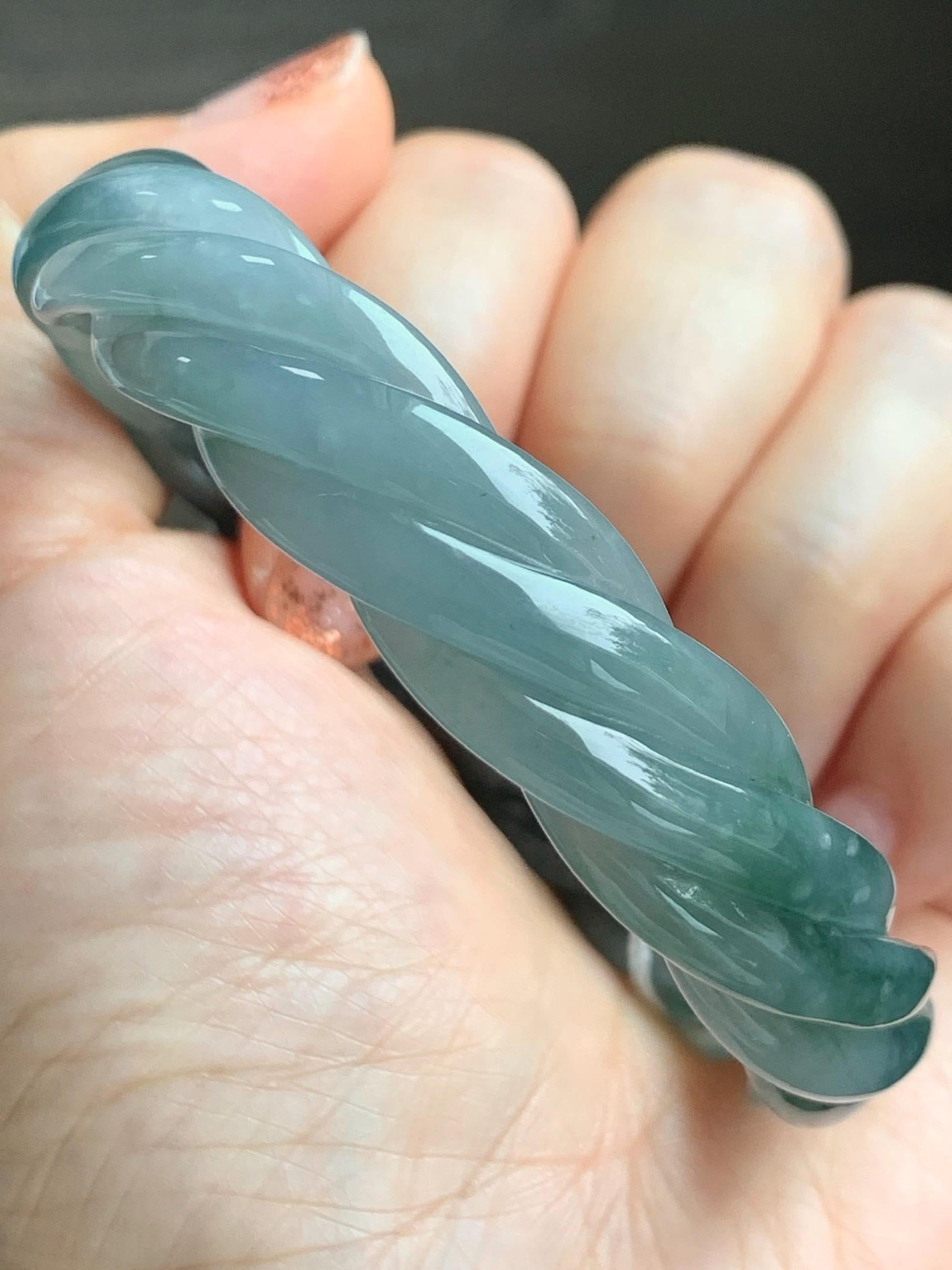 Certified Natural Grade A Guatemalan Icy Translucent Gelatinous Dusty Teal Jade Jadeite Carved Braid Bangle 58.5mm 7.23” 天然冰胶危蓝绿翡翠麻花手镯 454