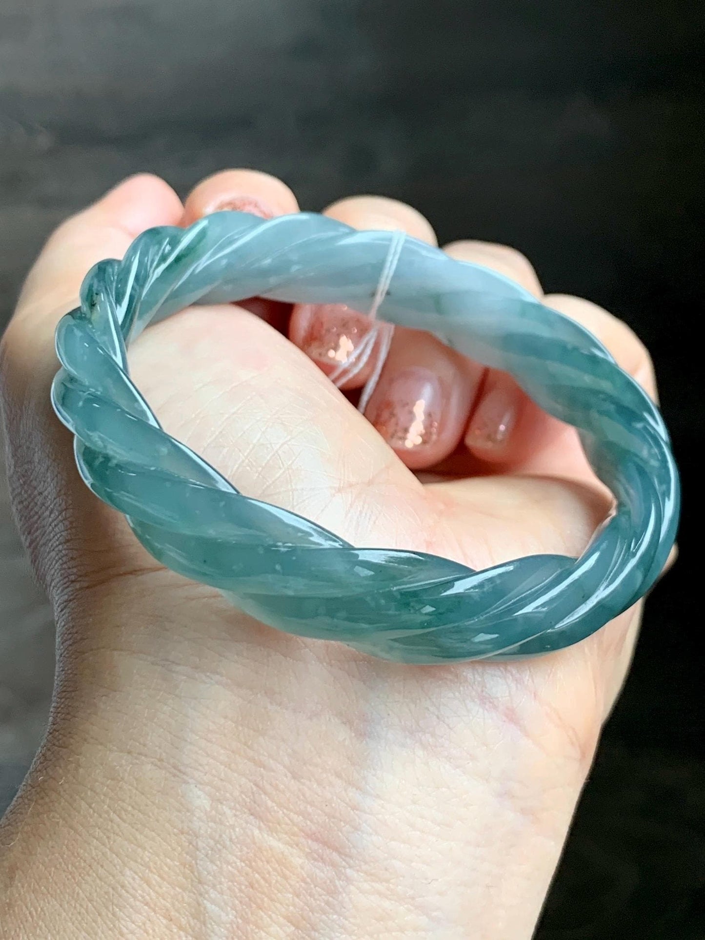 Certified Natural Grade A Guatemalan Icy Translucent Gelatinous Dusty Teal Jade Jadeite Carved Braid Bangle 58.5mm 7.23” 天然冰胶危蓝绿翡翠麻花手镯 454