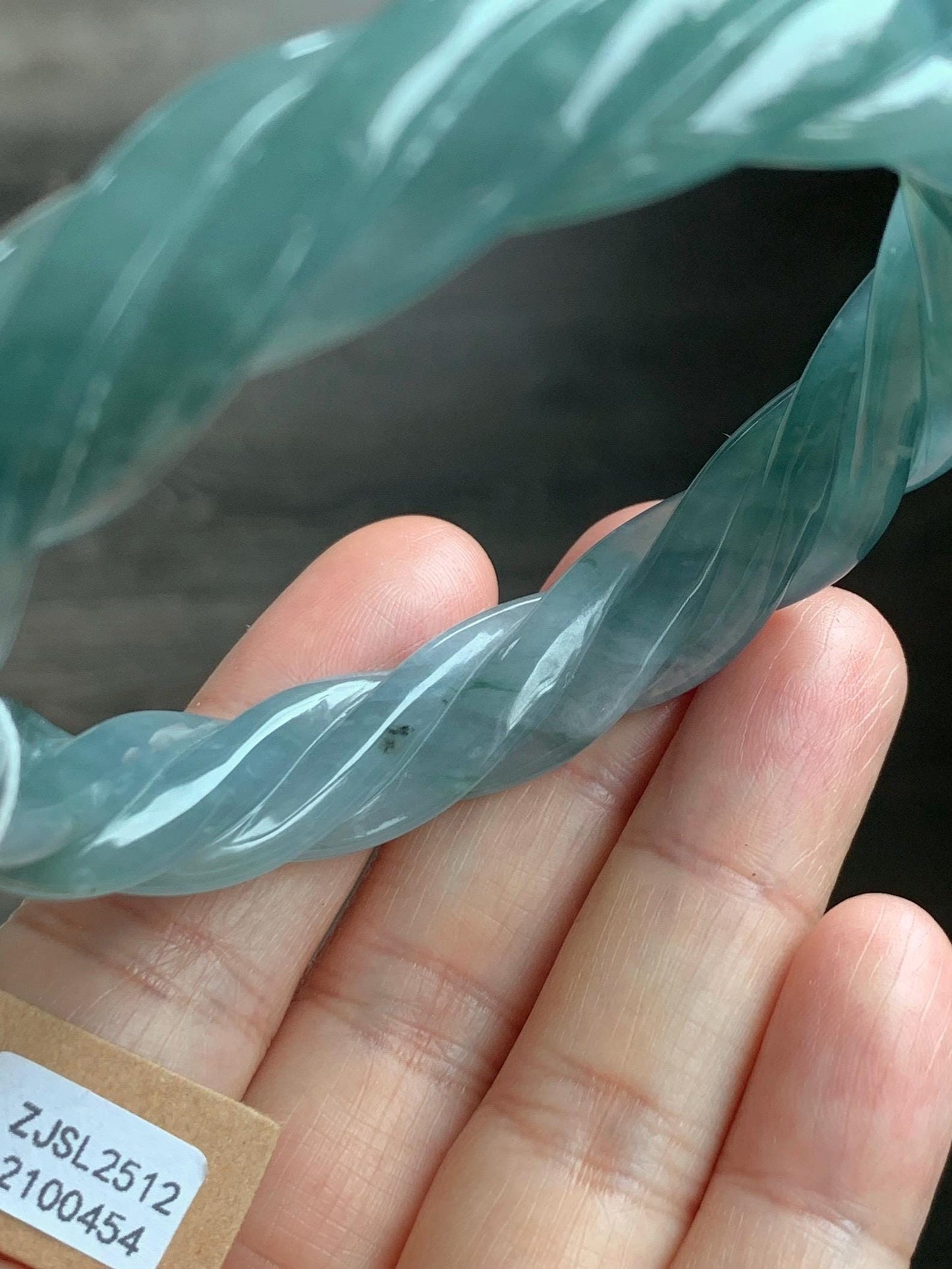 Certified Natural Grade A Guatemalan Icy Translucent Gelatinous Dusty Teal Jade Jadeite Carved Braid Bangle 58.5mm 7.23” 天然冰胶危蓝绿翡翠麻花手镯 454