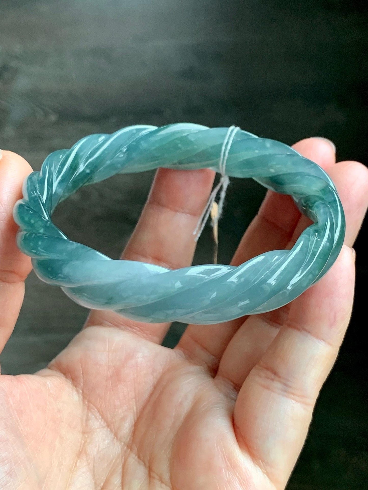 Certified Natural Grade A Guatemalan Icy Translucent Gelatinous Dusty Teal Jade Jadeite Carved Braid Bangle 58.5mm 7.23” 天然冰胶危蓝绿翡翠麻花手镯 454