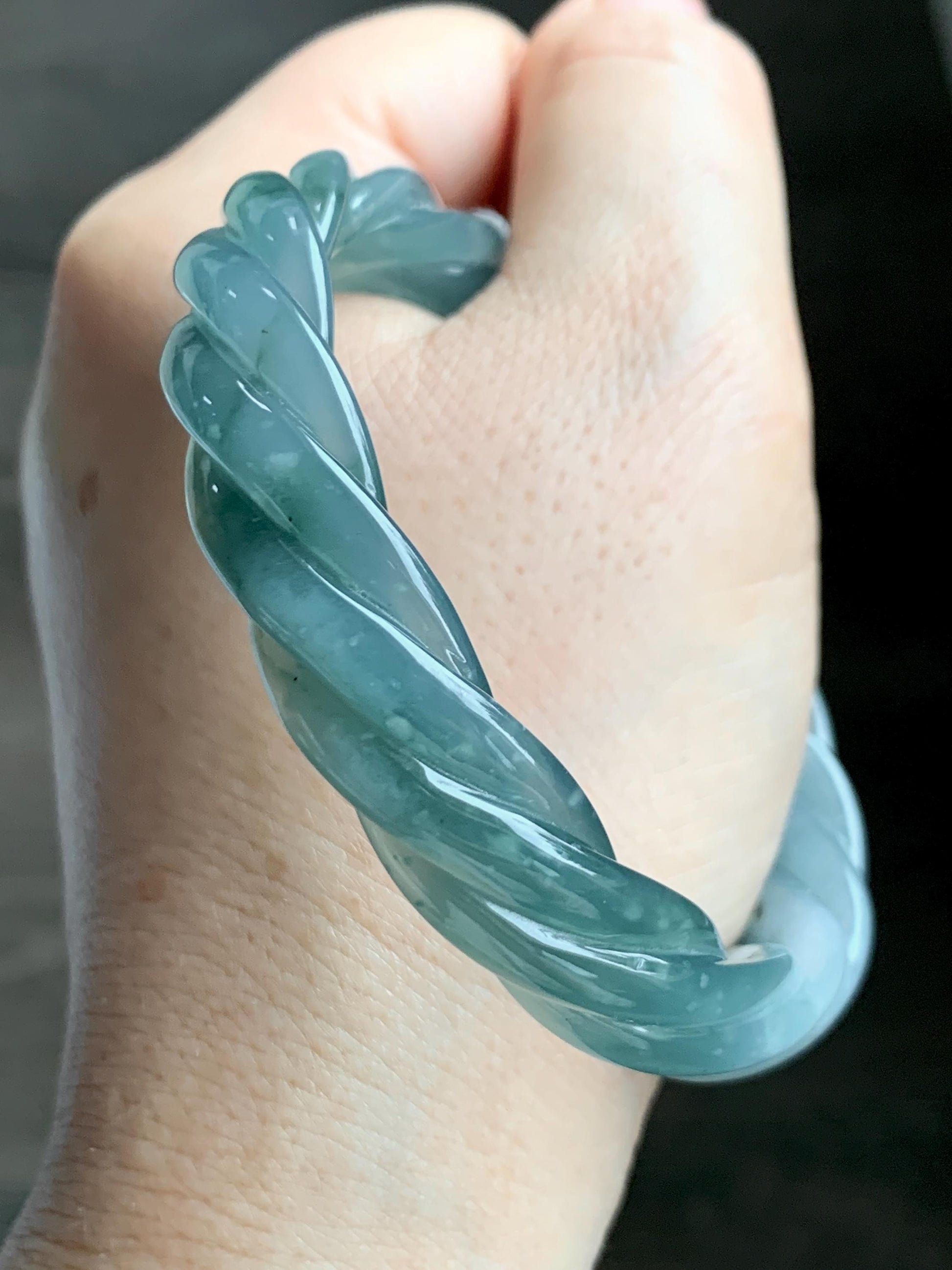 Certified Natural Grade A Guatemalan Icy Translucent Gelatinous Dusty Teal Jade Jadeite Carved Braid Bangle 58.5mm 7.23” 天然冰胶危蓝绿翡翠麻花手镯 454