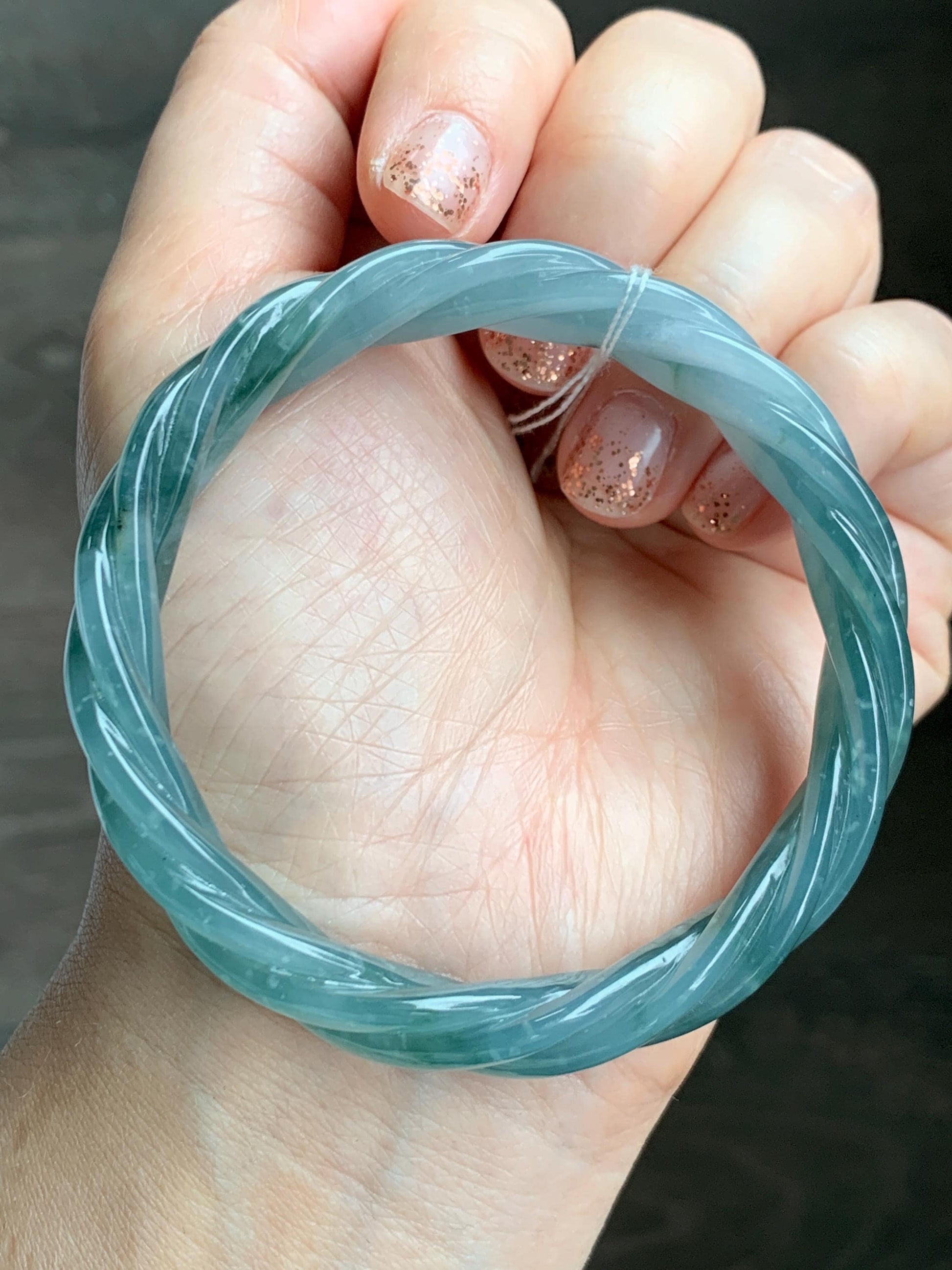 Certified Natural Grade A Guatemalan Icy Translucent Gelatinous Dusty Teal Jade Jadeite Carved Braid Bangle 58.5mm 7.23” 天然冰胶危蓝绿翡翠麻花手镯 454