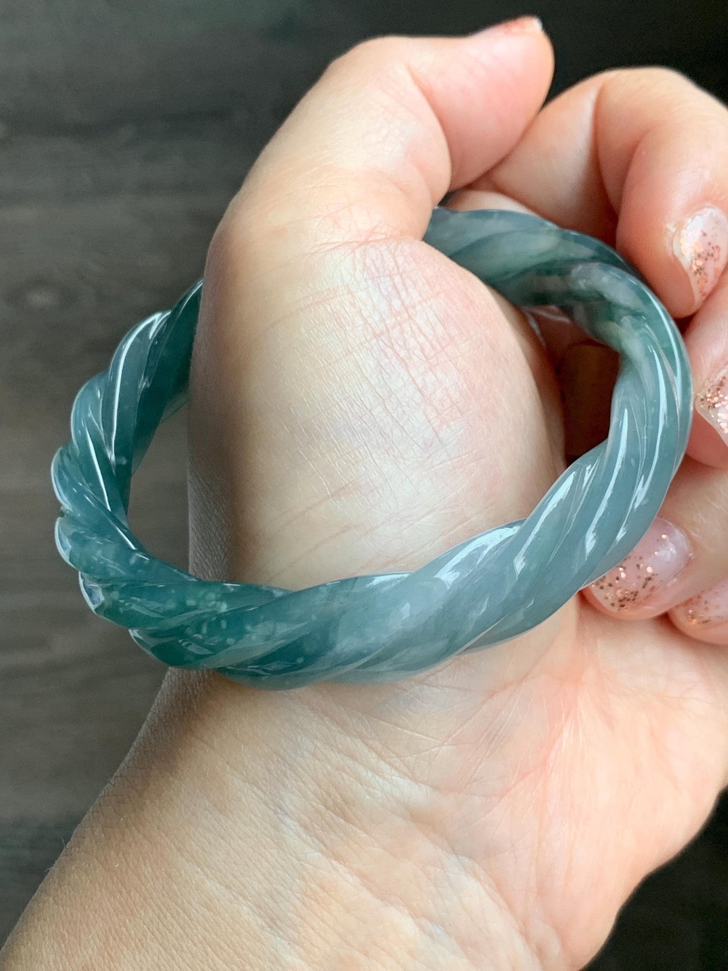 Certified Natural Grade A Guatemalan Icy Translucent Gelatinous Dusty Teal Jade Jadeite Carved Braid Bangle 58.5mm 7.23” 天然冰胶危蓝绿翡翠麻花手镯 454