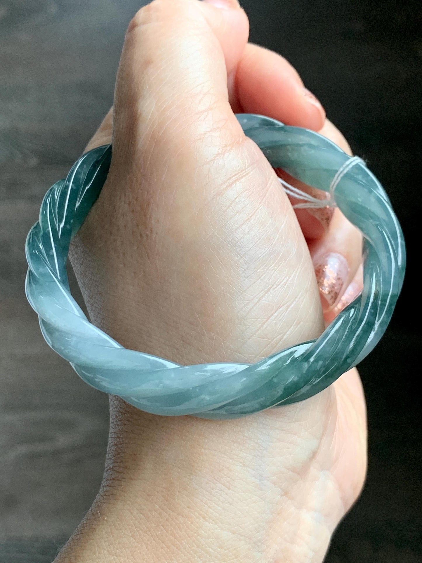 Certified Natural Grade A Guatemalan Icy Translucent Gelatinous Dusty Teal Jade Jadeite Carved Braid Bangle 58.5mm 7.23” 天然冰胶危蓝绿翡翠麻花手镯 454