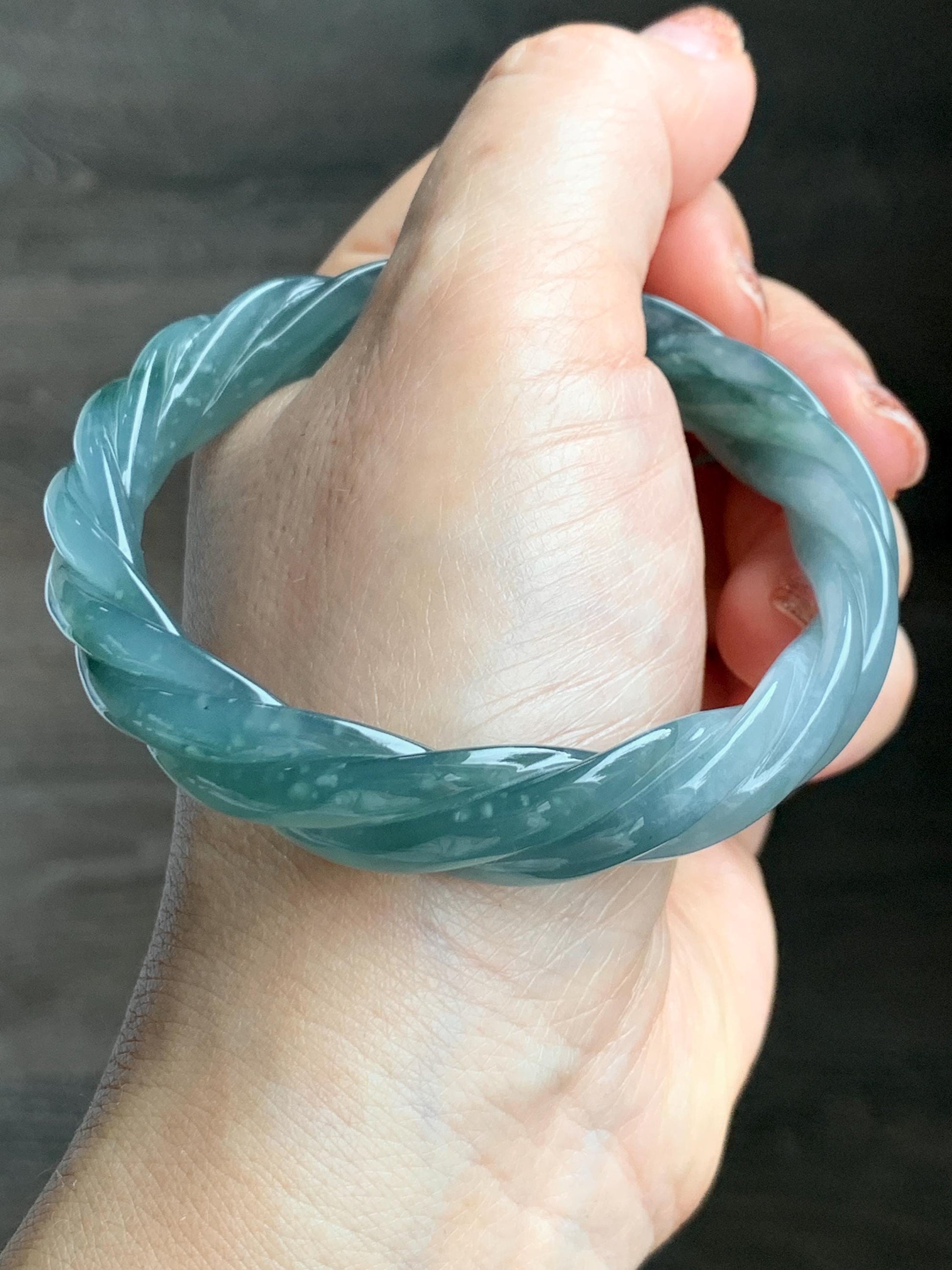 Certified Natural Grade A Guatemalan Icy Translucent Gelatinous Dusty Teal Jade Jadeite Carved Braid Bangle 58.5mm 7.23” 天然冰胶危蓝绿翡翠麻花手镯 454