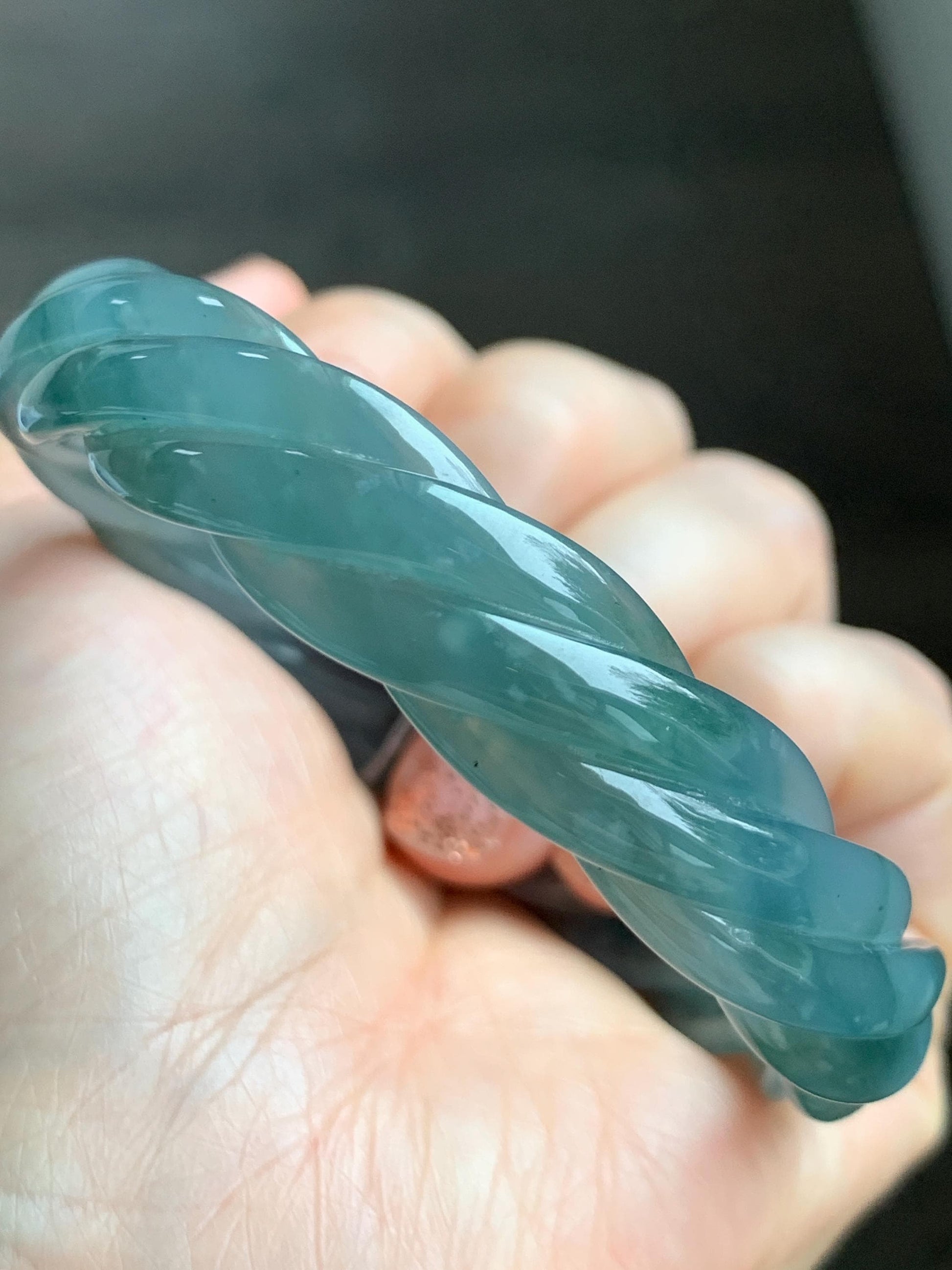Certified Natural Grade A Guatemalan Icy Translucent Gelatinous Dusty Teal Jade Jadeite Carved Braid Bangle 58.5mm 7.23” 天然冰胶危蓝绿翡翠麻花手镯 454