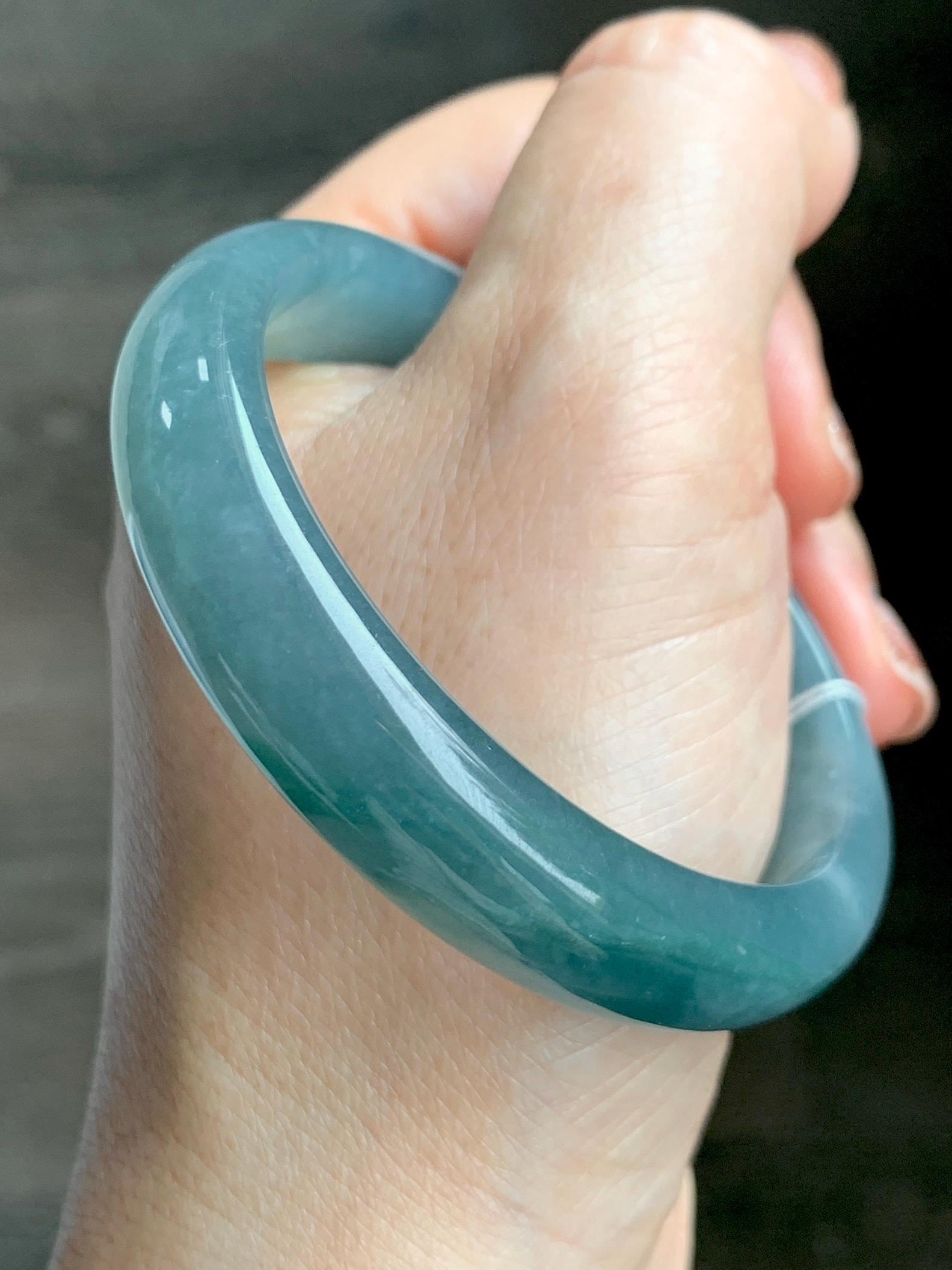 Certified Natural Grade A Guatemalan Icy Translucent Dusty Teal Blue Jade Jadeite Wide Bangle 52.7mm 6.5” 40.28g 天然冰危蓝翡翠正圈宽版手镯 455