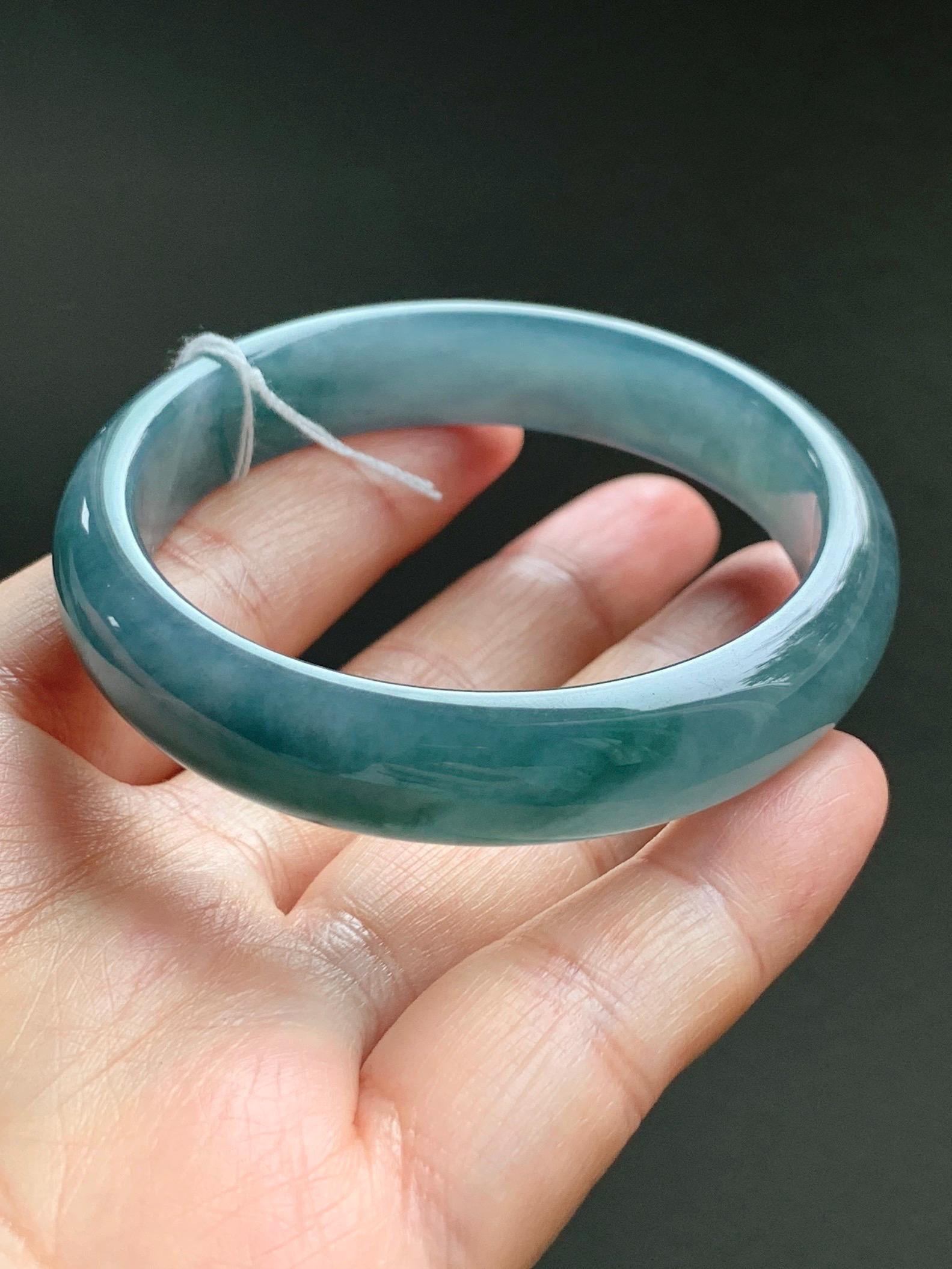 Certified Natural Grade A Guatemalan Icy Translucent Dusty Teal Blue Jade Jadeite Wide Bangle 52.7mm 6.5” 40.28g 天然冰危蓝翡翠正圈宽版手镯 455
