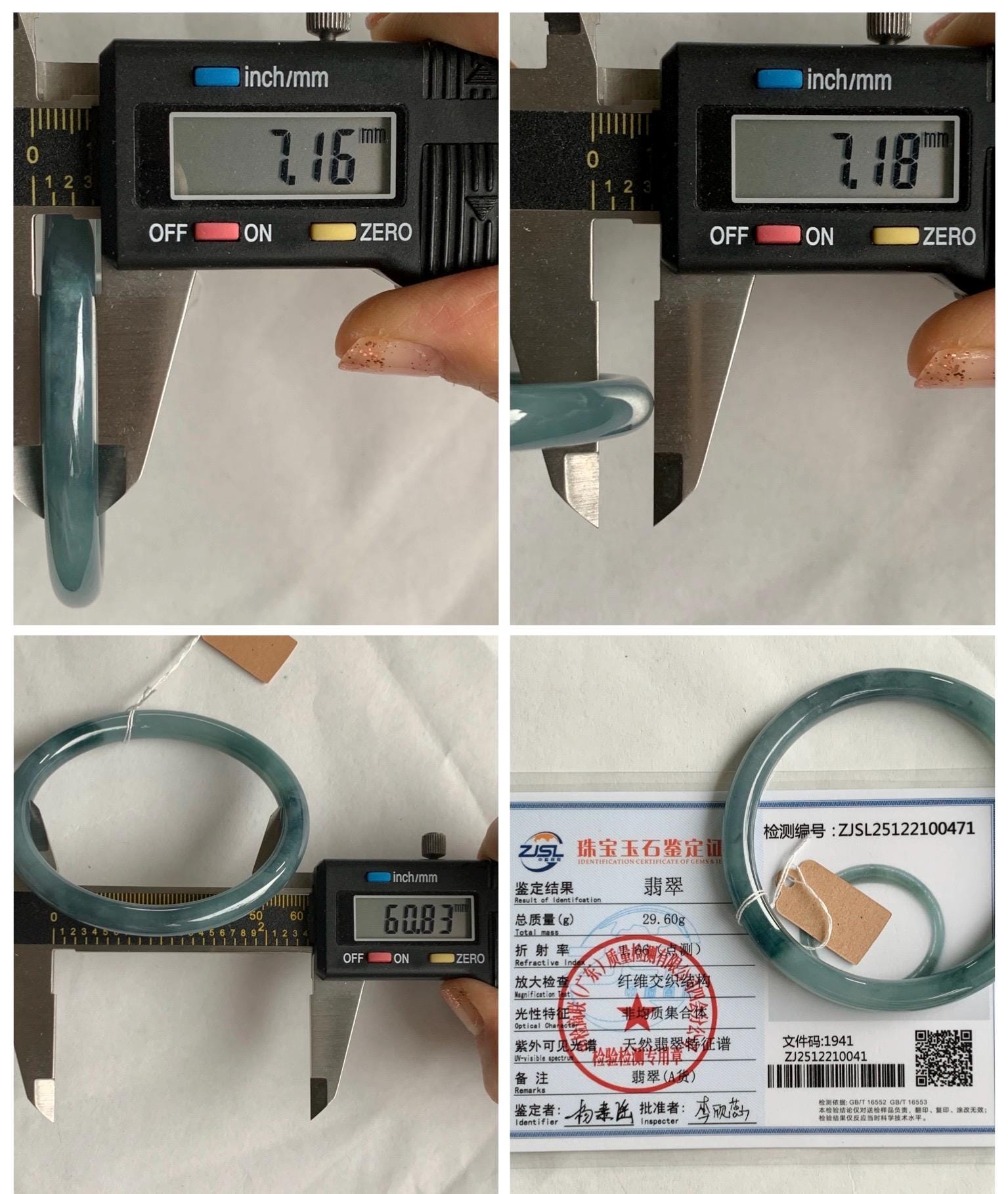 Certified Natural Grade A Guatemalan Icy Translucent Dusty Teal Blue Jade Jadeite Bangle 60.8mm 7.5” 29.6g 天然冰危蓝紫翡翠圆条手镯 471