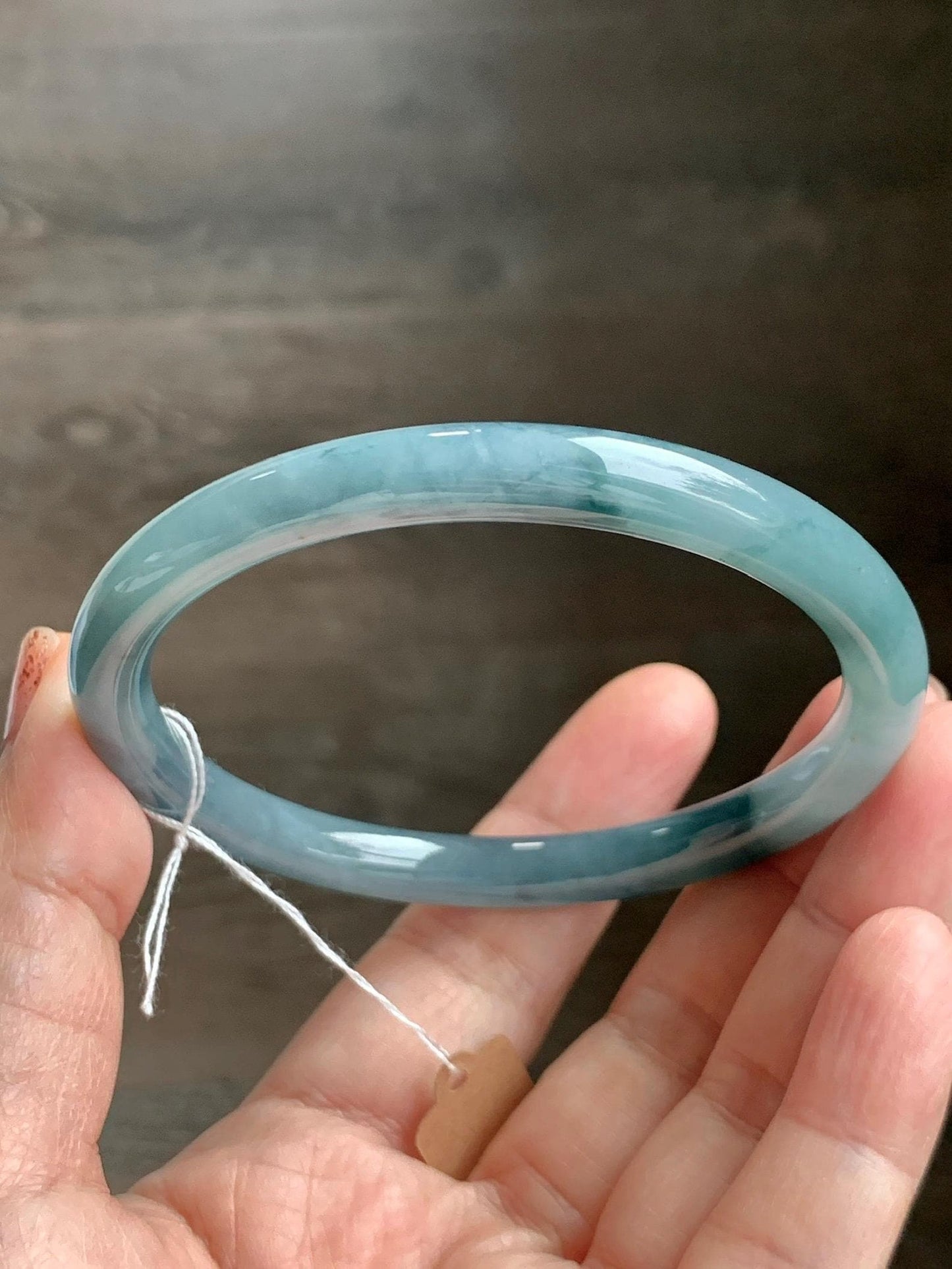 Certified Natural Grade A Guatemalan Icy Translucent Dusty Teal Blue Jade Jadeite Bangle 60.8mm 7.5” 29.6g 天然冰危蓝紫翡翠圆条手镯 471
